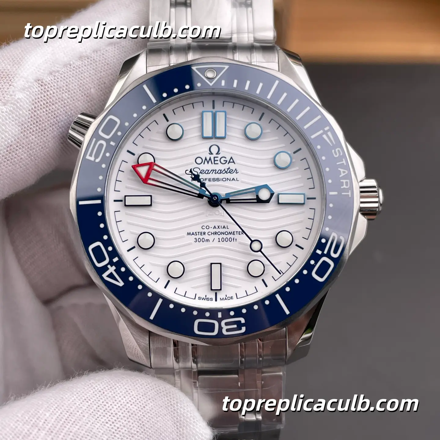 VS Factory Omega Seamaster Diver 300M Ref.210.30.42.20.04.002 42MM White Wave Dial Blue Ceramic Bezel Stainless Steel Bracelet Super Clone Watch With 1:1 Replica 8806 Movement - Image 3