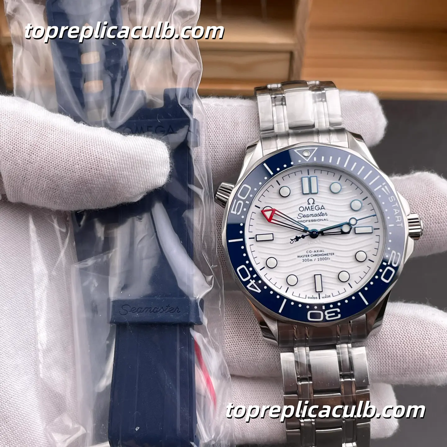 VS Factory Omega Seamaster Diver 300M Ref.210.30.42.20.04.002 42MM White Wave Dial Blue Ceramic Bezel Stainless Steel Bracelet Super Clone Watch With 1:1 Replica 8806 Movement - Image 5