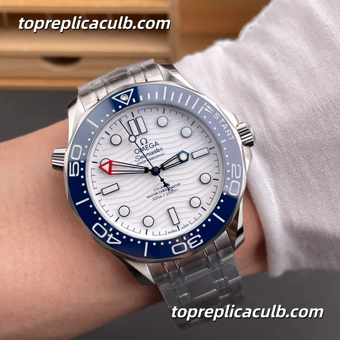 VS Factory Omega Seamaster Diver 300M Ref.210.30.42.20.04.002 42MM White Wave Dial Blue Ceramic Bezel Stainless Steel Bracelet Super Clone Watch With 1:1 Replica 8806 Movement - Image 2