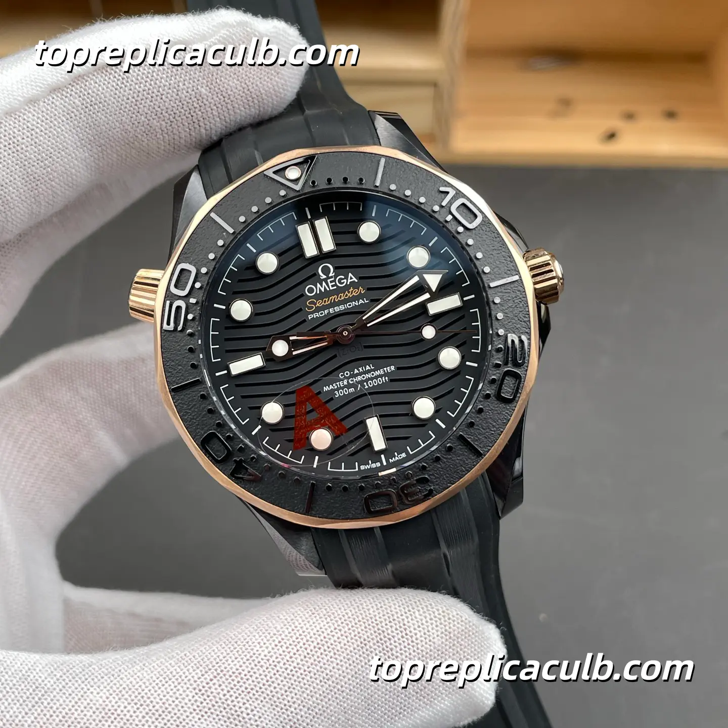 VS Factory Omega Seamaster Diver 300M Ref.210.62.44.20.01.001 43.5MM Black Dial Rose Gold Bezel Super Clone Watch with Black Rubber Strap 8806 Automatic Movement - Image 4