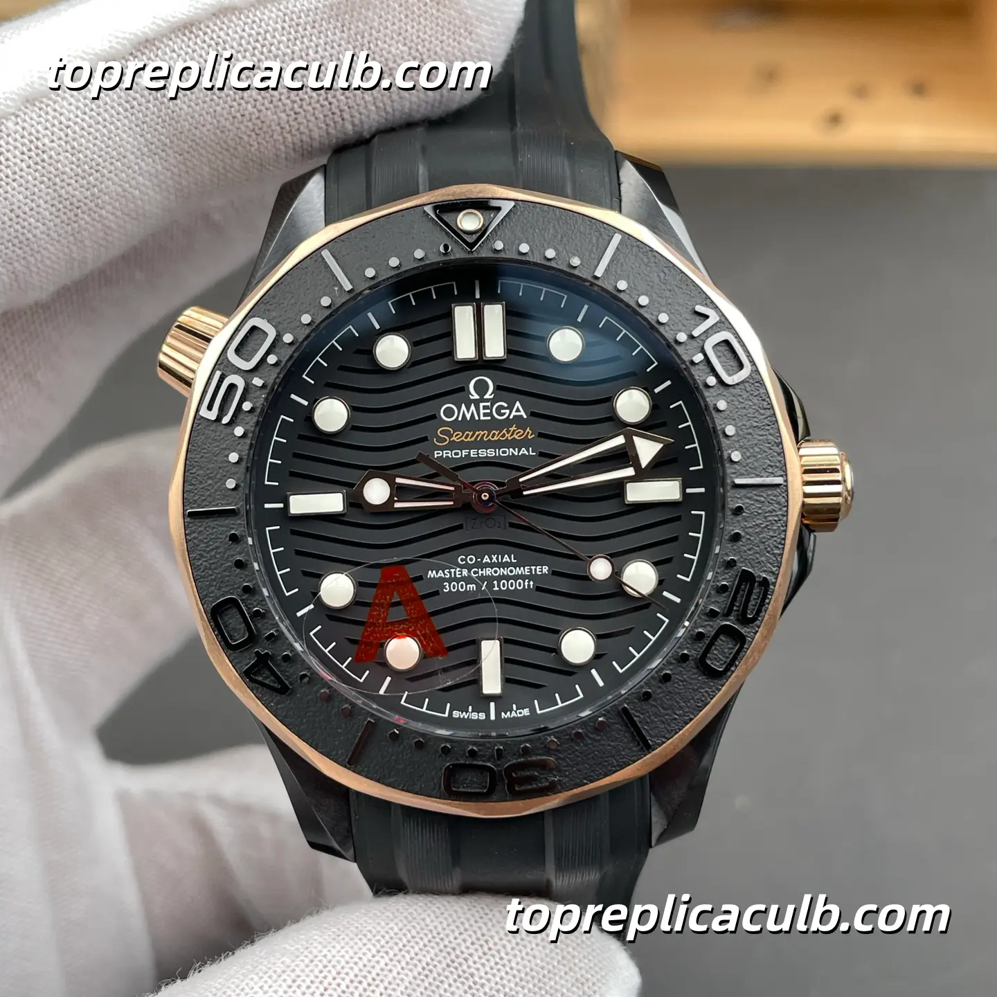 VS Factory Omega Seamaster Diver 300M Ref.210.62.44.20.01.001 43.5MM Black Dial Rose Gold Bezel Super Clone Watch with Black Rubber Strap 8806 Automatic Movement - Image 3