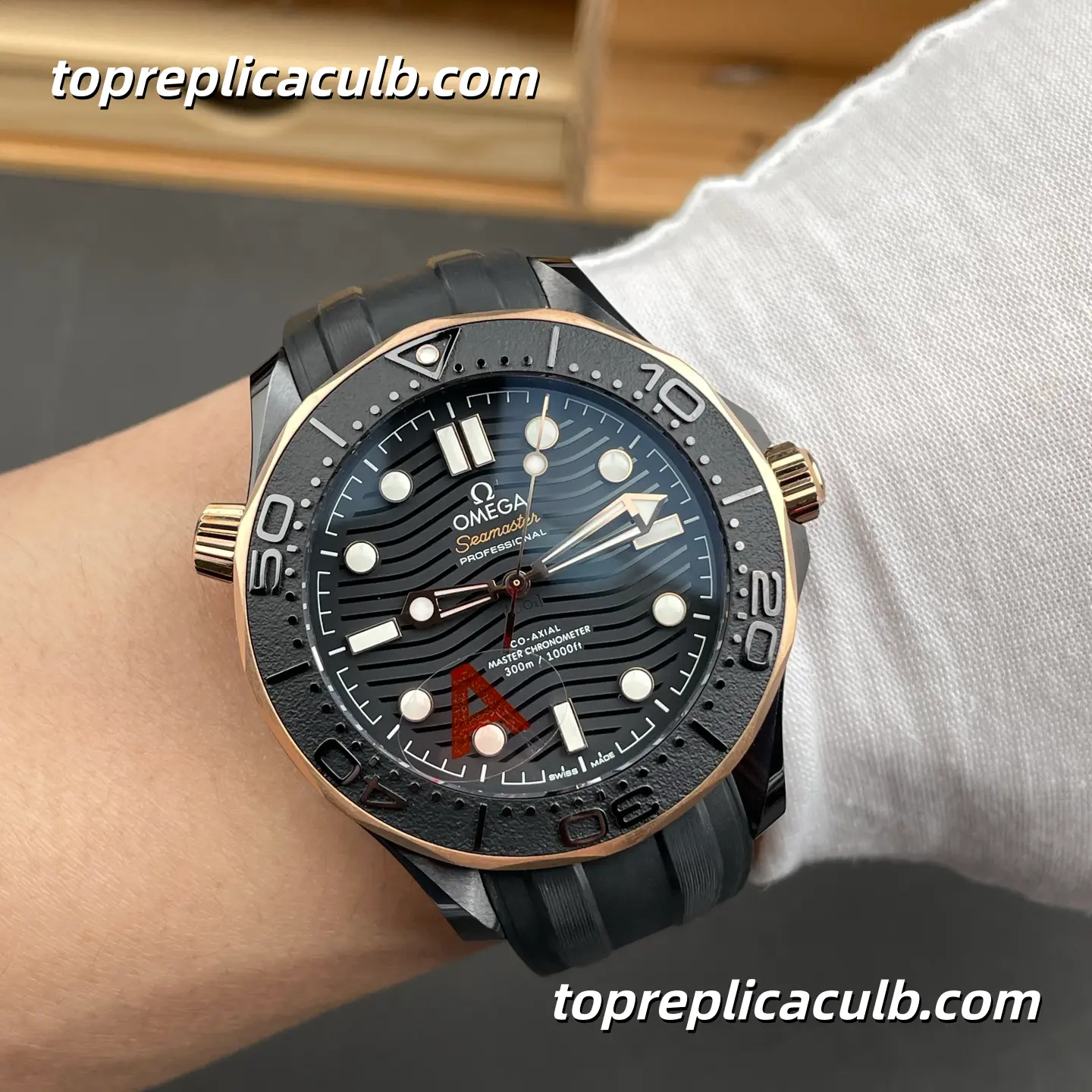 VS Factory Omega Seamaster Diver 300M Ref.210.62.44.20.01.001 43.5MM Black Dial Rose Gold Bezel Super Clone Watch with Black Rubber Strap 8806 Automatic Movement - Image 2