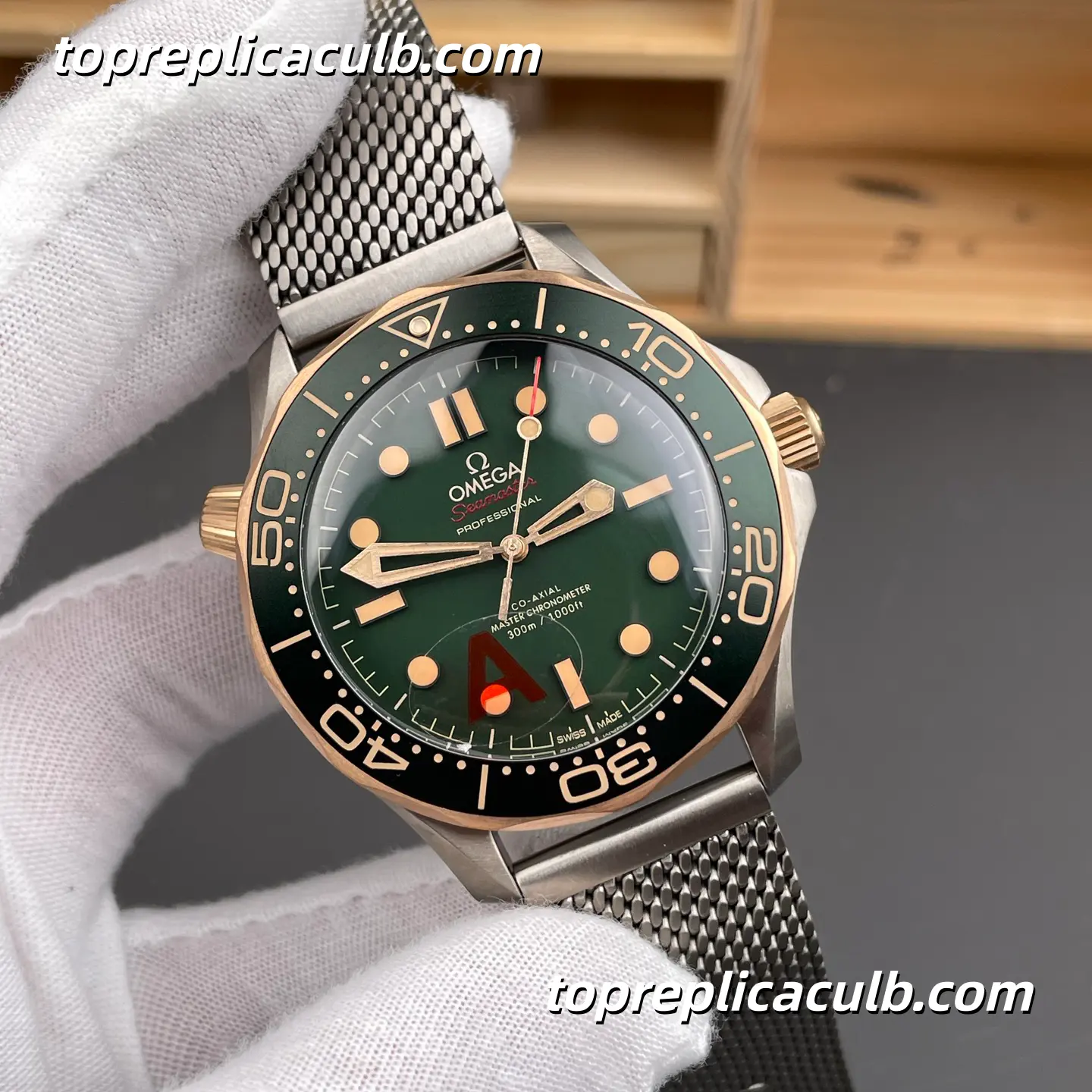 VS Factory Omega Seamaster Diver 300M Ref.210.90.42.20.10.001 42MM Green Dial Titanium Mesh Bracelet 1:1 Clone Watch with 8806 Automatic Movement - Image 4