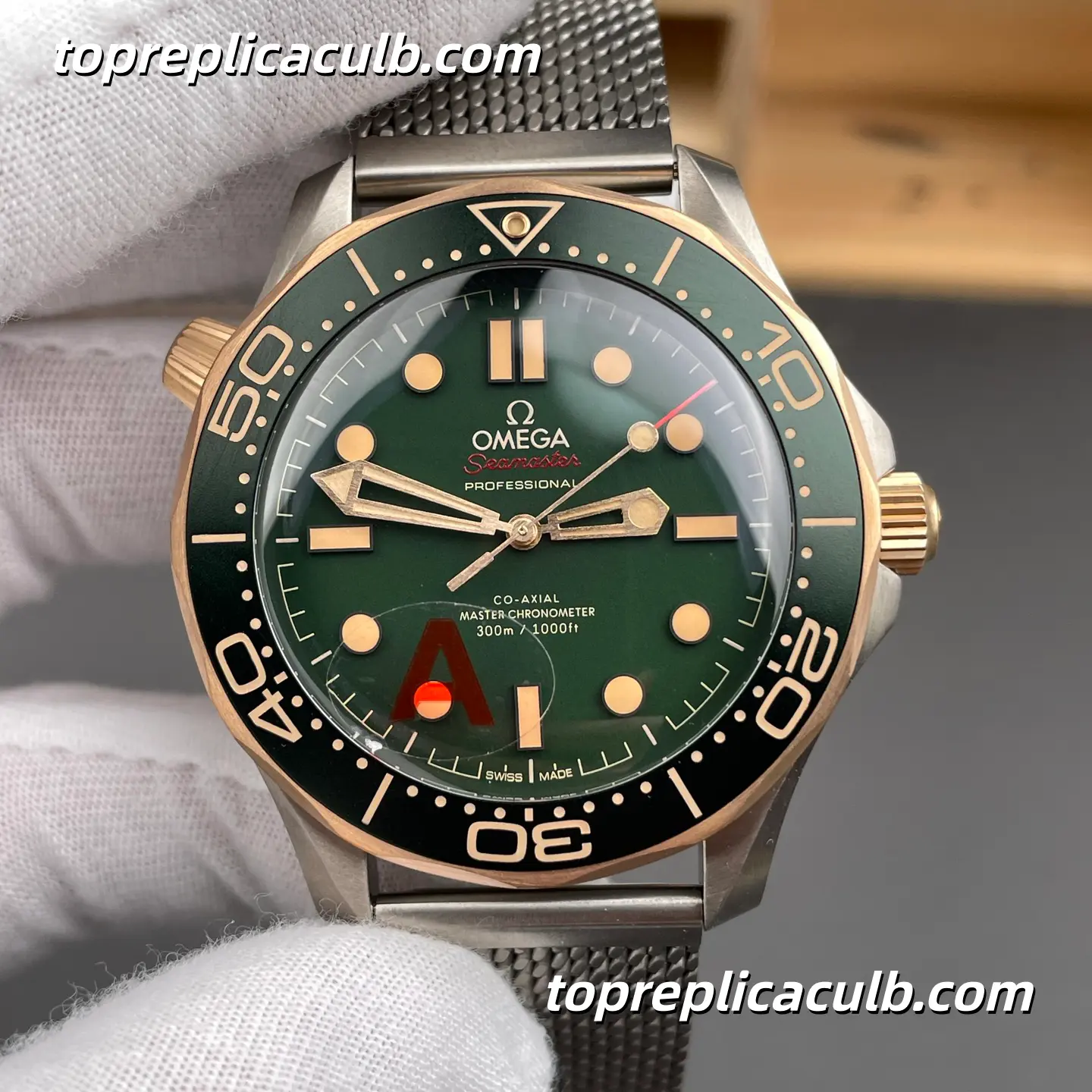 VS Factory Omega Seamaster Diver 300M Ref.210.90.42.20.10.001 42MM Green Dial Titanium Mesh Bracelet 1:1 Clone Watch with 8806 Automatic Movement - Image 3