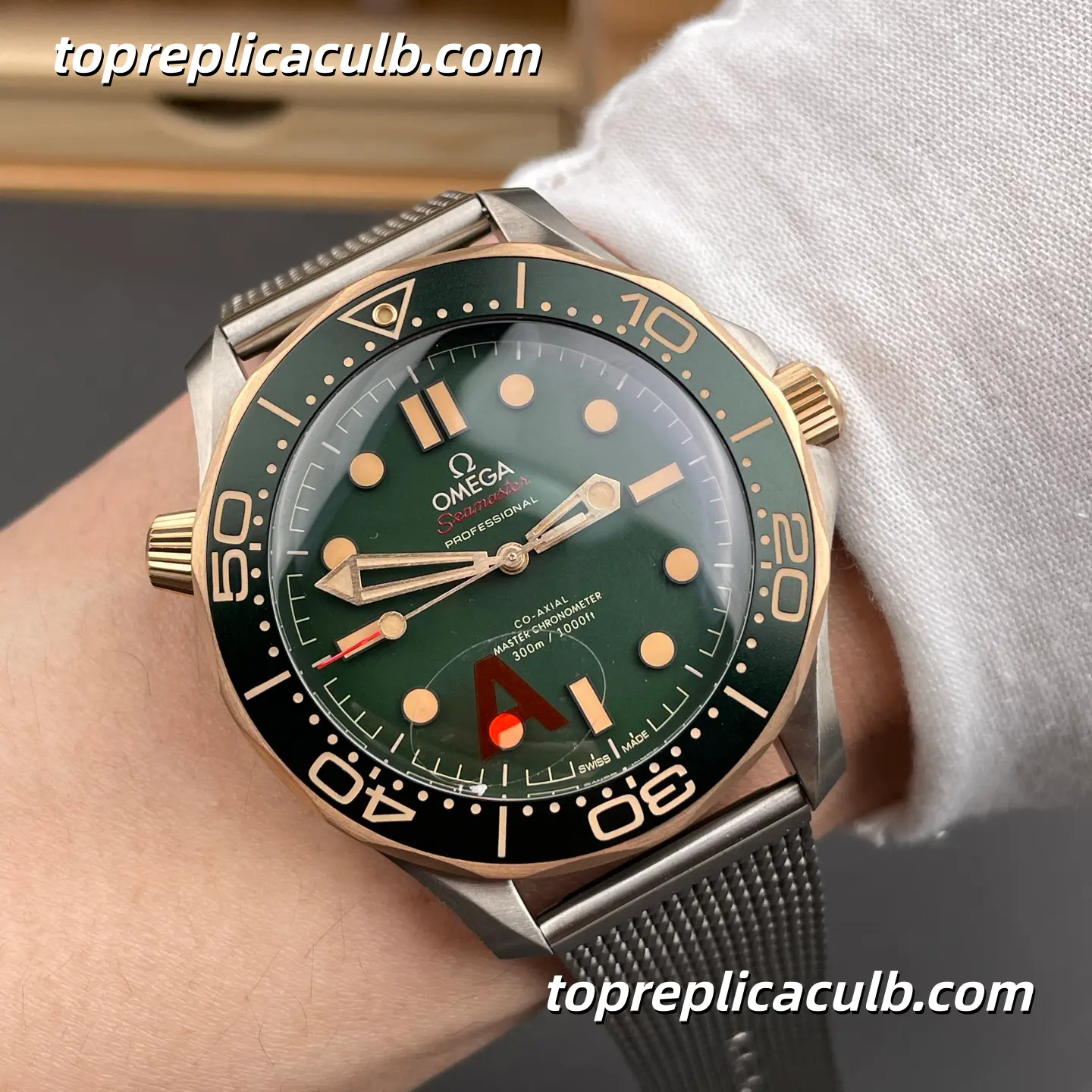 VS Factory Omega Seamaster Diver 300M Ref.210.90.42.20.10.001 42MM Green Dial Titanium Mesh Bracelet 1:1 Clone Watch with 8806 Automatic Movement - Image 2