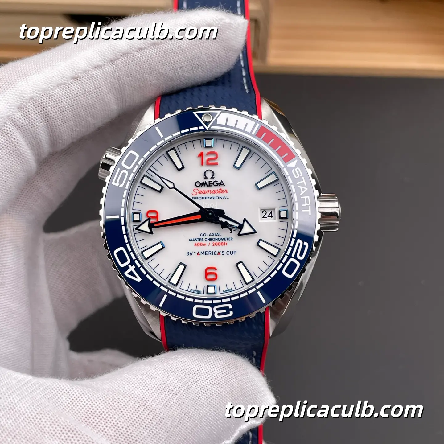 VS Factory Omega Seamaster Planet Ocean “America’s Cup” Ref.215.32.43.21.04.001 43.5MM White Dial Blue Red Ceramic Bezel Rubber Strap Super Clone Watch