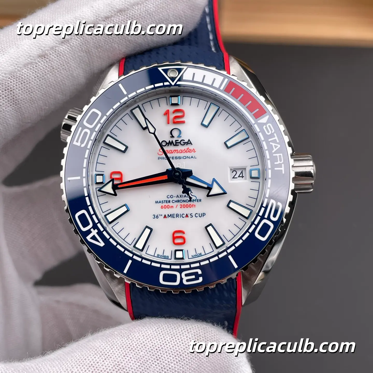 VS Factory Omega Seamaster Planet Ocean “America’s Cup” Ref.215.32.43.21.04.001 43.5MM White Dial Blue Red Ceramic Bezel Rubber Strap Super Clone Watch With 1:1 Replica 8900 Movement - Image 3