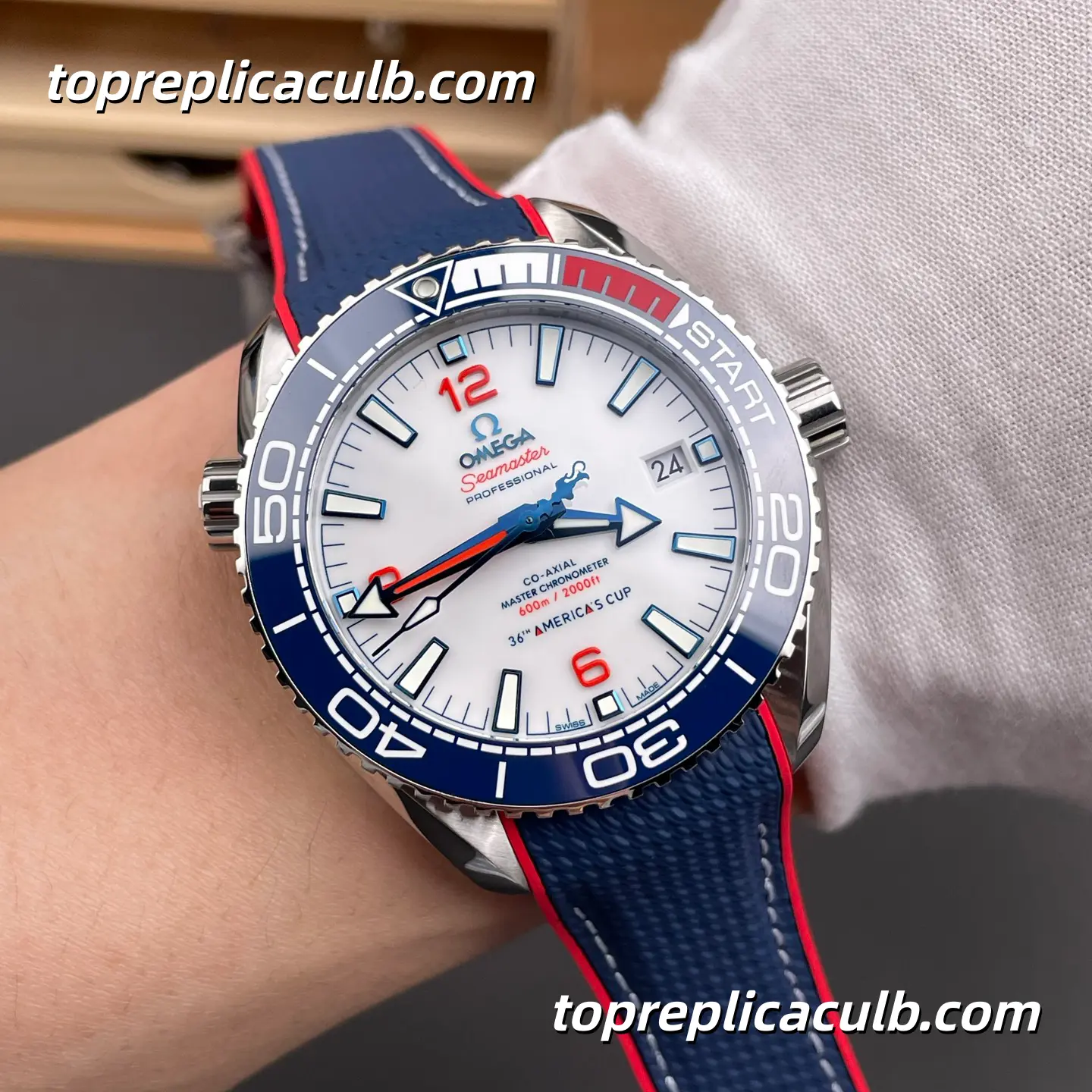 VS Factory Omega Seamaster Planet Ocean “America’s Cup” Ref.215.32.43.21.04.001 43.5MM White Dial Blue Red Ceramic Bezel Rubber Strap Super Clone Watch With 1:1 Replica 8900 Movement - Image 2