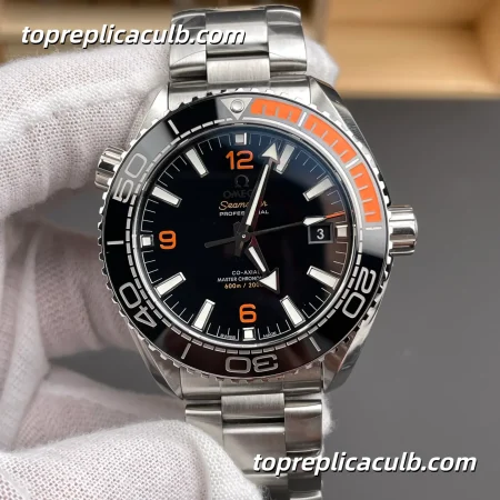 VS Factory Omega Seamaster Planet Ocean Ref.215.30.44.21.01.002 43.5MM Black Dial Orange Bezel Super Clone Watch with Stainless Steel Bracelet, 1:1 Clone 8900 Automatic Movement
