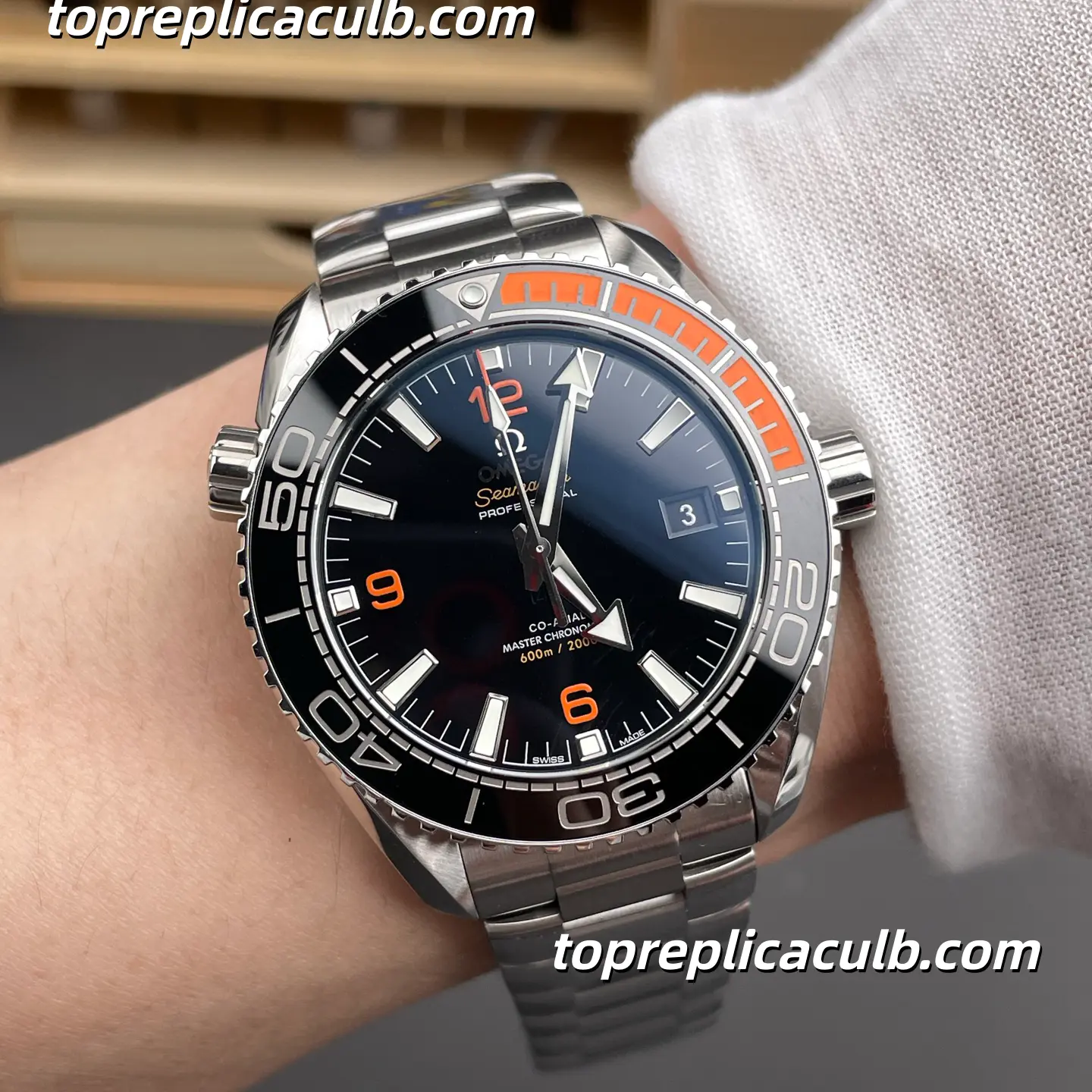 VS Factory Omega Seamaster Planet Ocean Ref.215.30.44.21.01.002 43.5MM Black Dial Orange Bezel Super Clone Watch with Stainless Steel Bracelet, 1:1 Clone 8900 Automatic Movement - Image 2