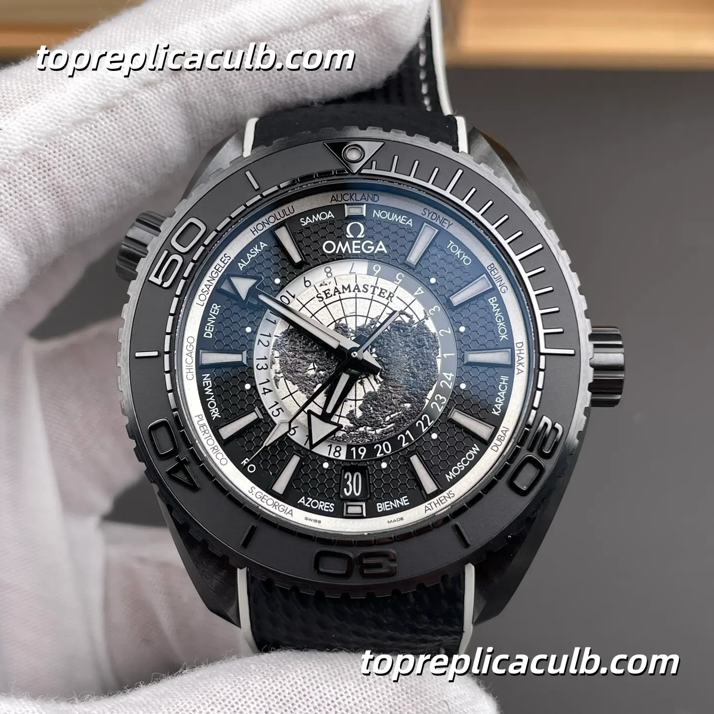 VS Factory Omega Seamaster Planet Ocean Worldtimer “Deep Black” Ref.215.92.46.22.01.007 45.5MM Black Ceramic Bezel Rubber Strap Super Clone Watch With 1:1 Replica 8938 Movement - Image 3