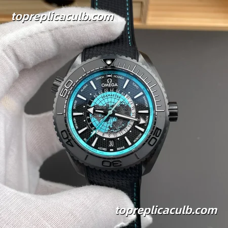 VS Factory Omega Seamaster Planet Ocean Worldtimer Ref.215.92.46.22.01.006 45.5MM Black Turquoise Worldtimer Dial Black Ceramic Bezel Rubber Strap Super Clone Watch
