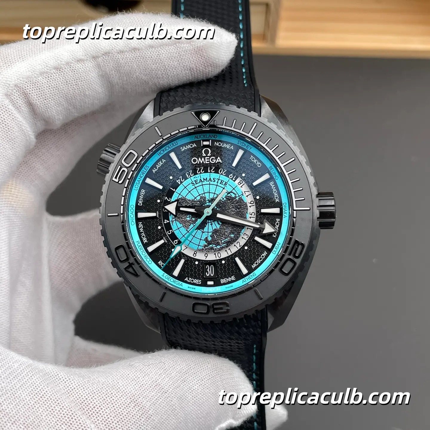VS Factory Omega Seamaster Planet Ocean Worldtimer Ref.215.92.46.22.01.006 45.5MM Black Turquoise Worldtimer Dial Black Ceramic Bezel Rubber Strap Super Clone Watch