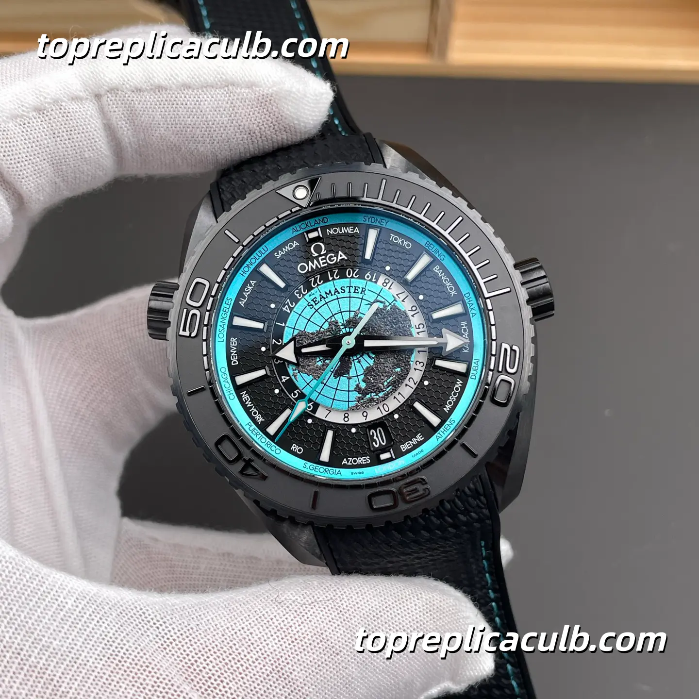 VS Factory Omega Seamaster Planet Ocean Worldtimer Ref.215.92.46.22.01.006 45.5MM Black Turquoise Worldtimer Dial Black Ceramic Bezel Rubber Strap Super Clone Watch With 1:1 Replica 8938 Movement - Image 4