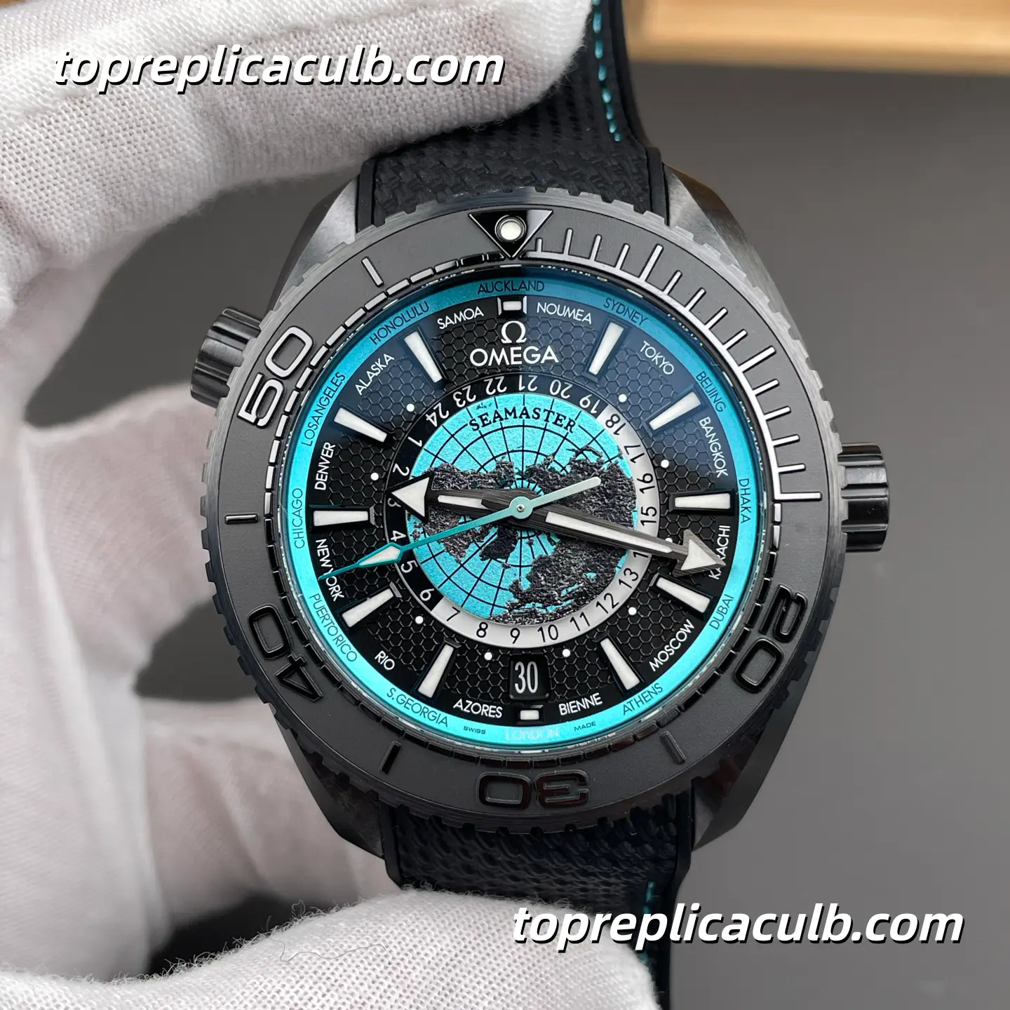 VS Factory Omega Seamaster Planet Ocean Worldtimer Ref.215.92.46.22.01.006 45.5MM Black Turquoise Worldtimer Dial Black Ceramic Bezel Rubber Strap Super Clone Watch With 1:1 Replica 8938 Movement - Image 3