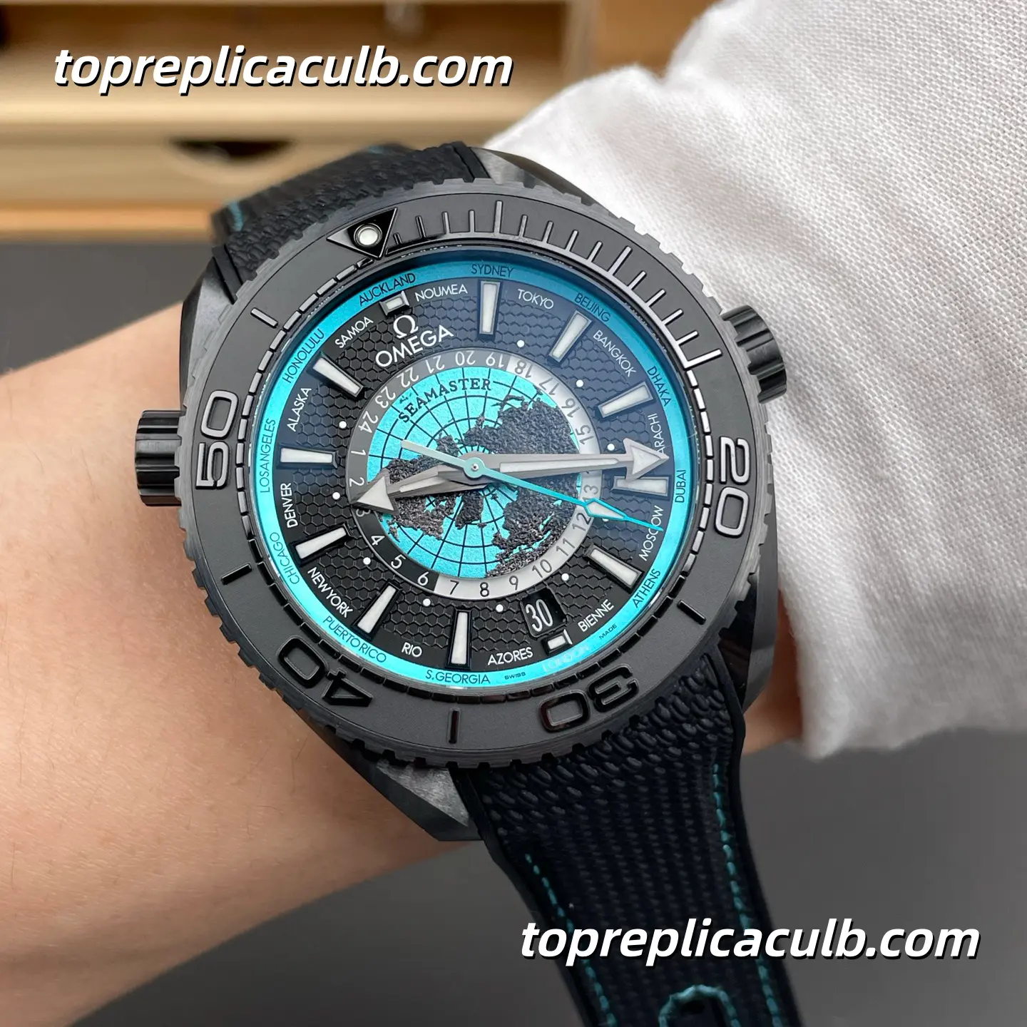 VS Factory Omega Seamaster Planet Ocean Worldtimer Ref.215.92.46.22.01.006 45.5MM Black Turquoise Worldtimer Dial Black Ceramic Bezel Rubber Strap Super Clone Watch With 1:1 Replica 8938 Movement - Image 2