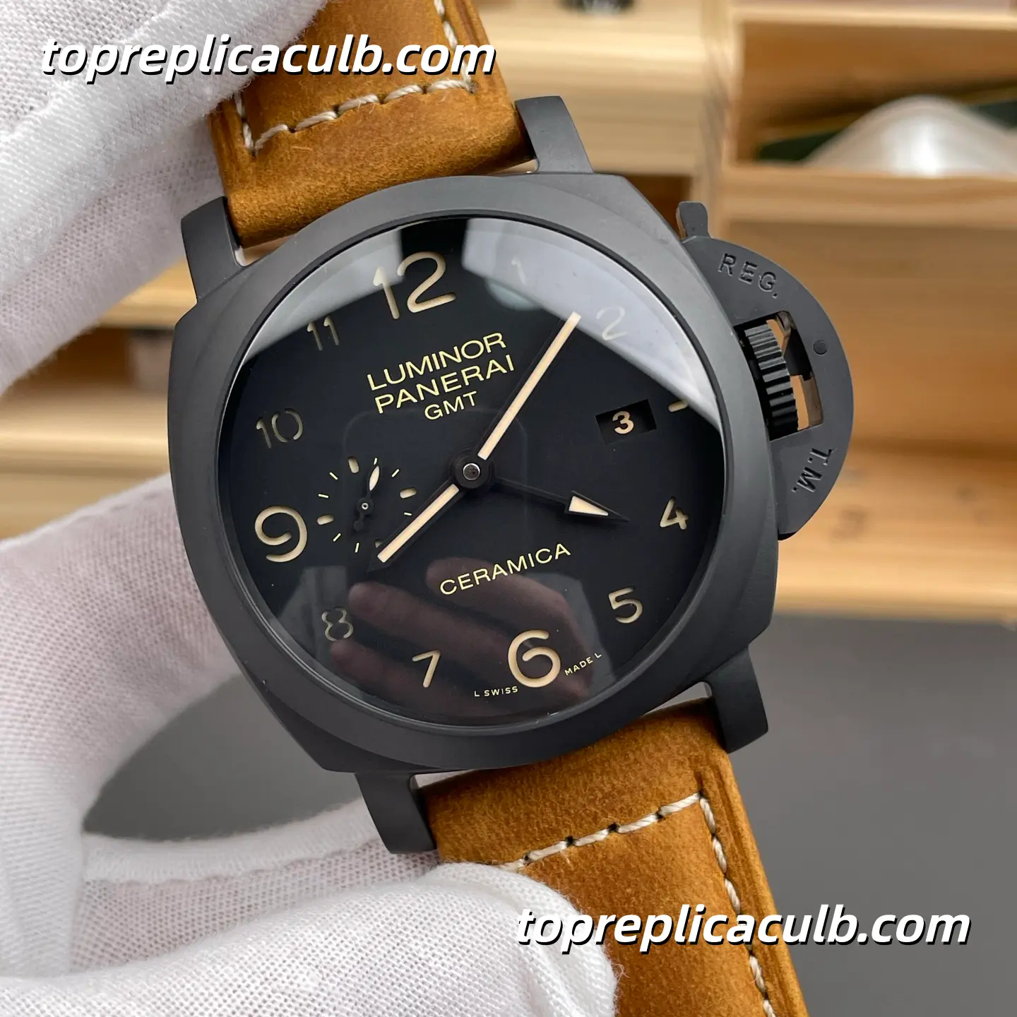VS Factory Panerai Luminor 1950 GMT Ceramica “Black Phantom” PAM00441 44MM Matte Black Ceramic Case Black Sandwich Dial Super Clone Watch With Cal.P.9001 Automatic GMT Movement - Image 4