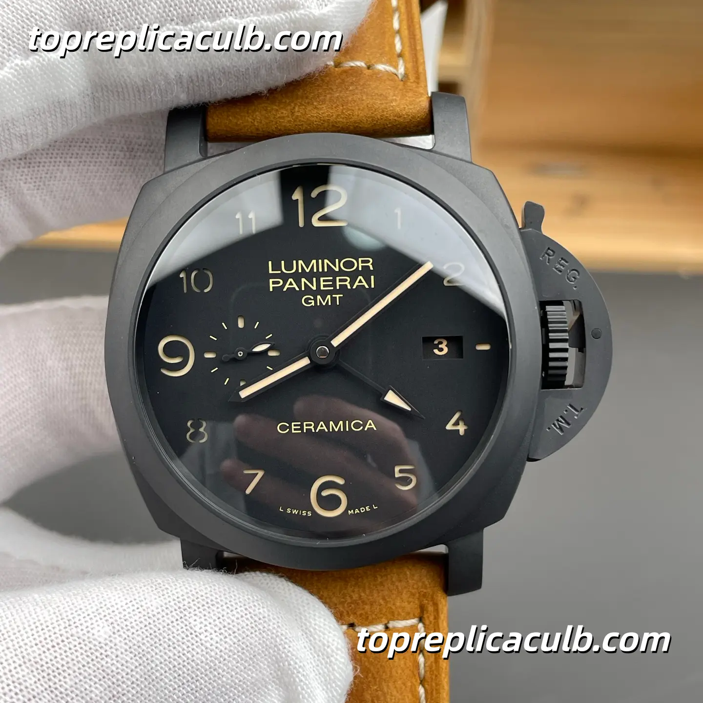 VS Factory Panerai Luminor 1950 GMT Ceramica “Black Phantom” PAM00441 44MM Matte Black Ceramic Case Black Sandwich Dial Super Clone Watch With Cal.P.9001 Automatic GMT Movement - Image 3