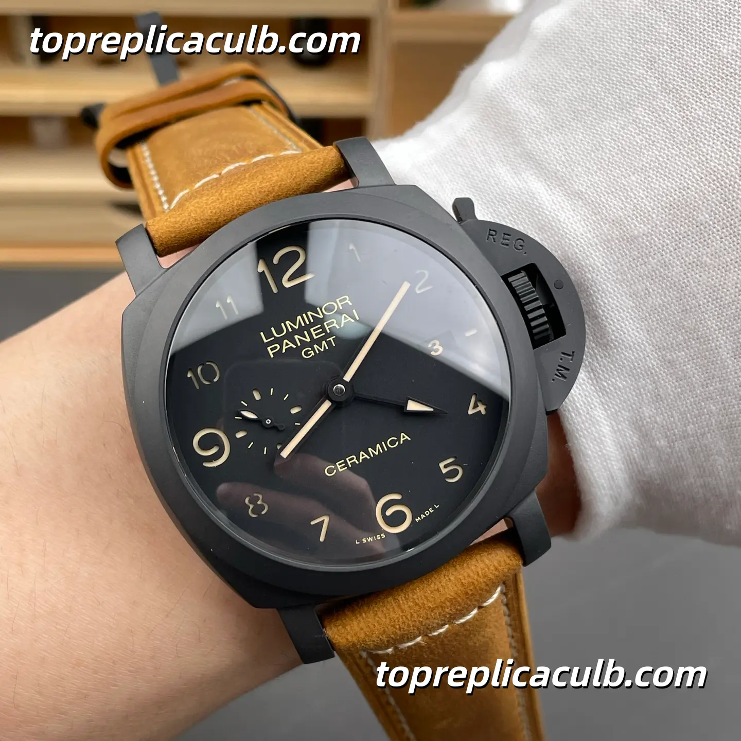 VS Factory Panerai Luminor 1950 GMT Ceramica “Black Phantom” PAM00441 44MM Matte Black Ceramic Case Black Sandwich Dial Super Clone Watch With Cal.P.9001 Automatic GMT Movement - Image 2