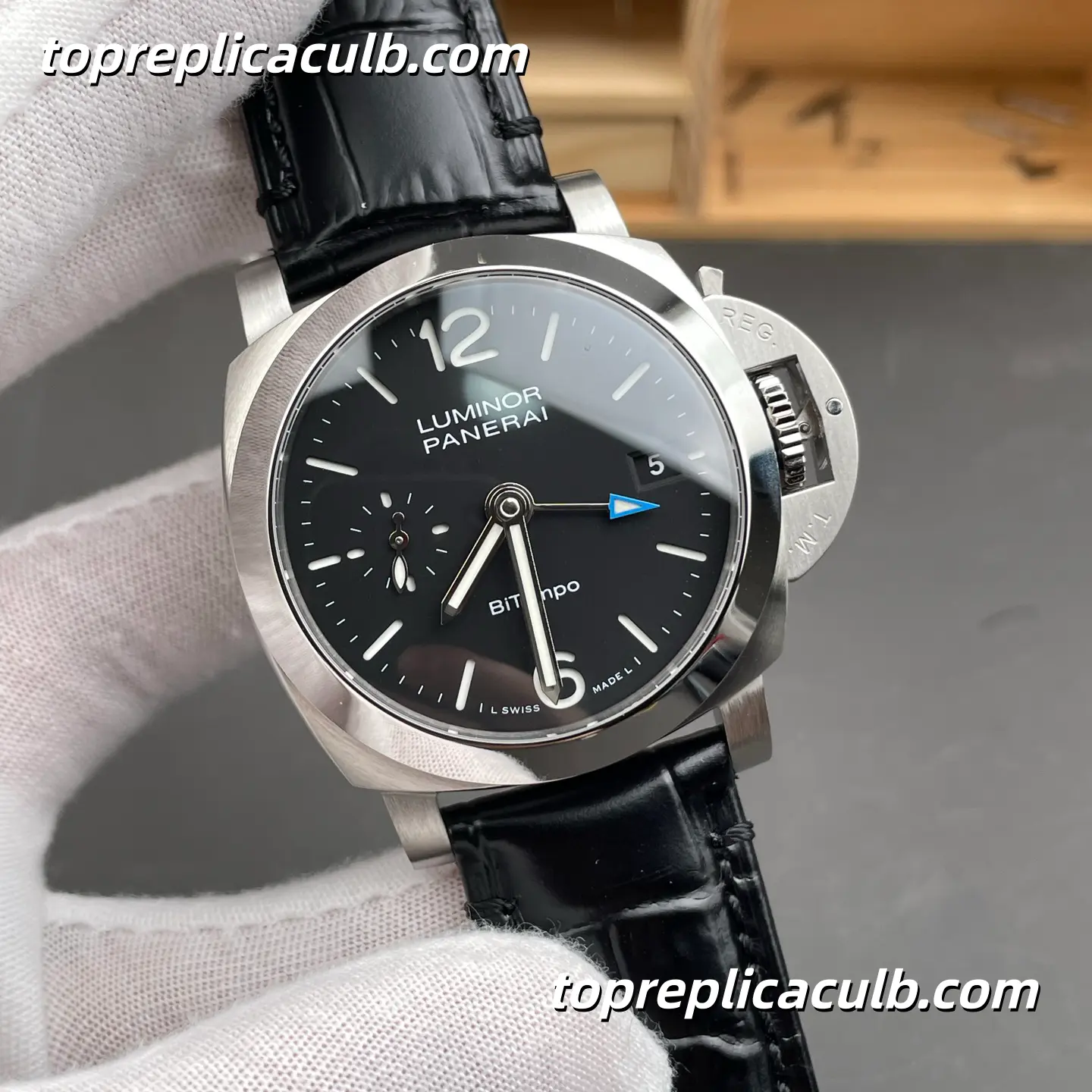 VS Factory Panerai Luminor BiTempo GMT “Black Shadow” PAM01365 44MM Black Dial Black Leather Strap Super Clone Watch With 1:1 Replica P.900/GMT Movement - Image 4