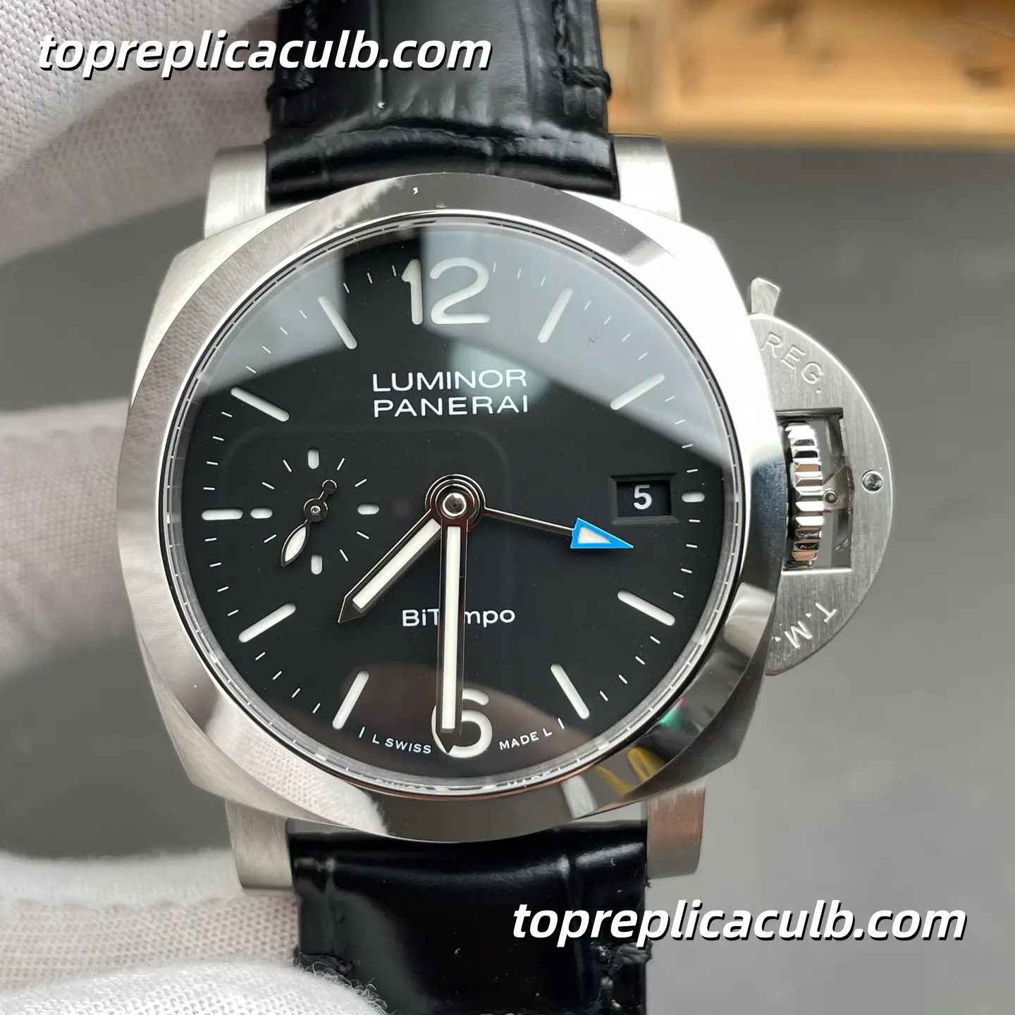 VS Factory Panerai Luminor BiTempo GMT “Black Shadow” PAM01365 44MM Black Dial Black Leather Strap Super Clone Watch With 1:1 Replica P.900/GMT Movement - Image 3