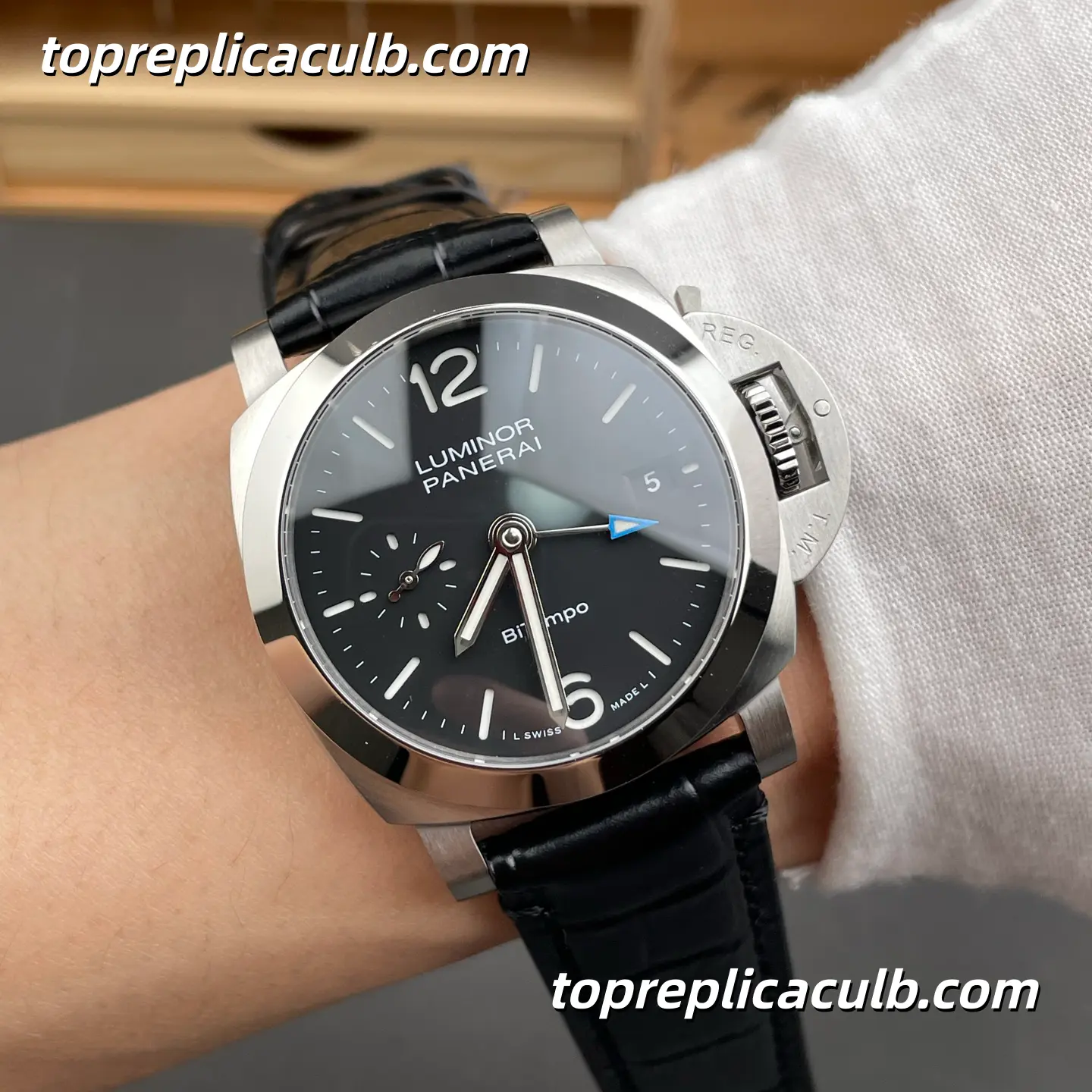 VS Factory Panerai Luminor BiTempo GMT “Black Shadow” PAM01365 44MM Black Dial Black Leather Strap Super Clone Watch With 1:1 Replica P.900/GMT Movement - Image 2