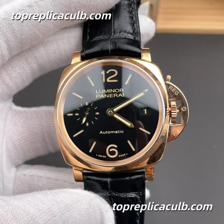 VS Factory Panerai Luminor Due PAM00908 42MM Rose Gold Case Black Sandwich Dial Black Alligator Leather Strap Super Clone Watch