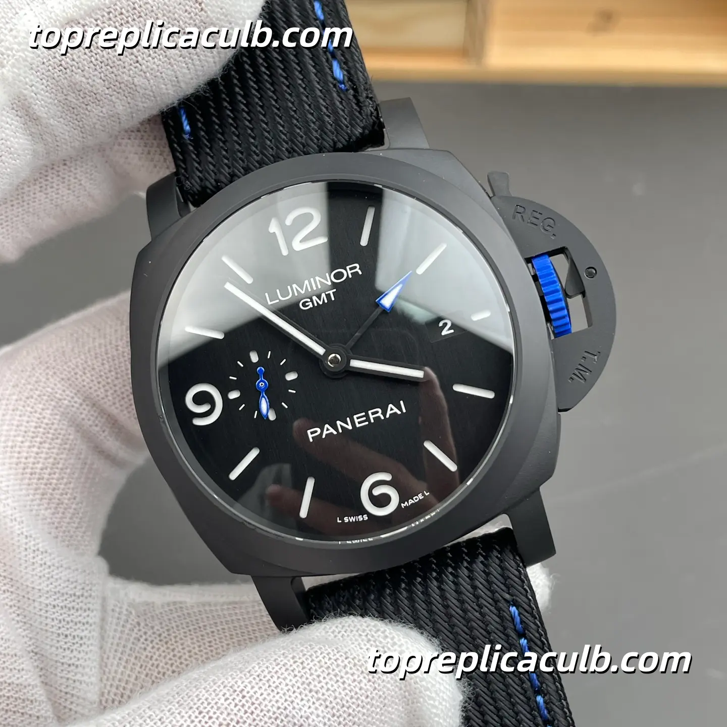 VS Factory Panerai Luminor GMT “Blue Phantom” PAM01176 44MM Matte Black Ceramic Style Case Black Sandwich Dial Blue GMT Hand Super Clone Watch With Cal.P.9010 Automatic GMT Movement - Image 4