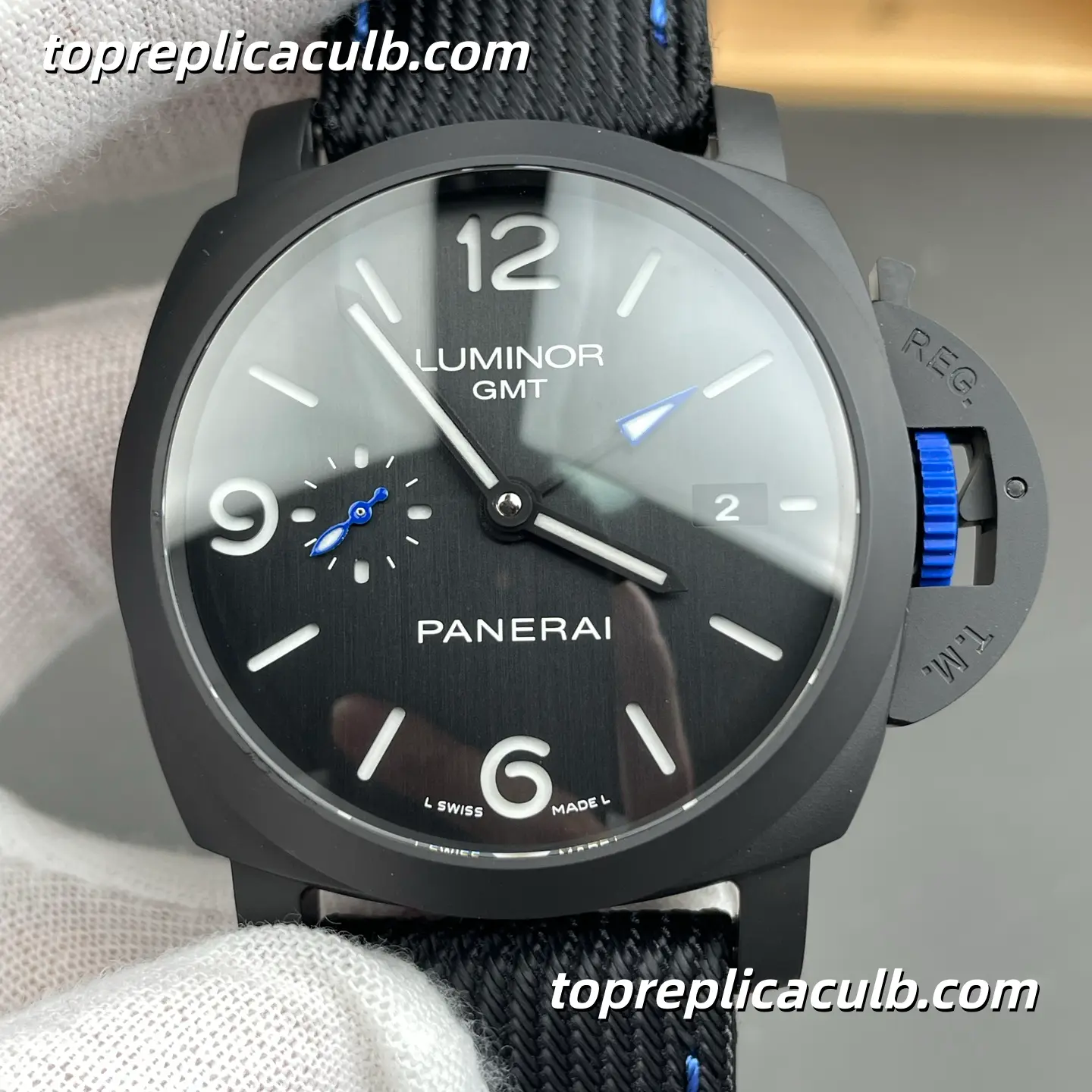 VS Factory Panerai Luminor GMT “Blue Phantom” PAM01176 44MM Matte Black Ceramic Style Case Black Sandwich Dial Blue GMT Hand Super Clone Watch With Cal.P.9010 Automatic GMT Movement - Image 3