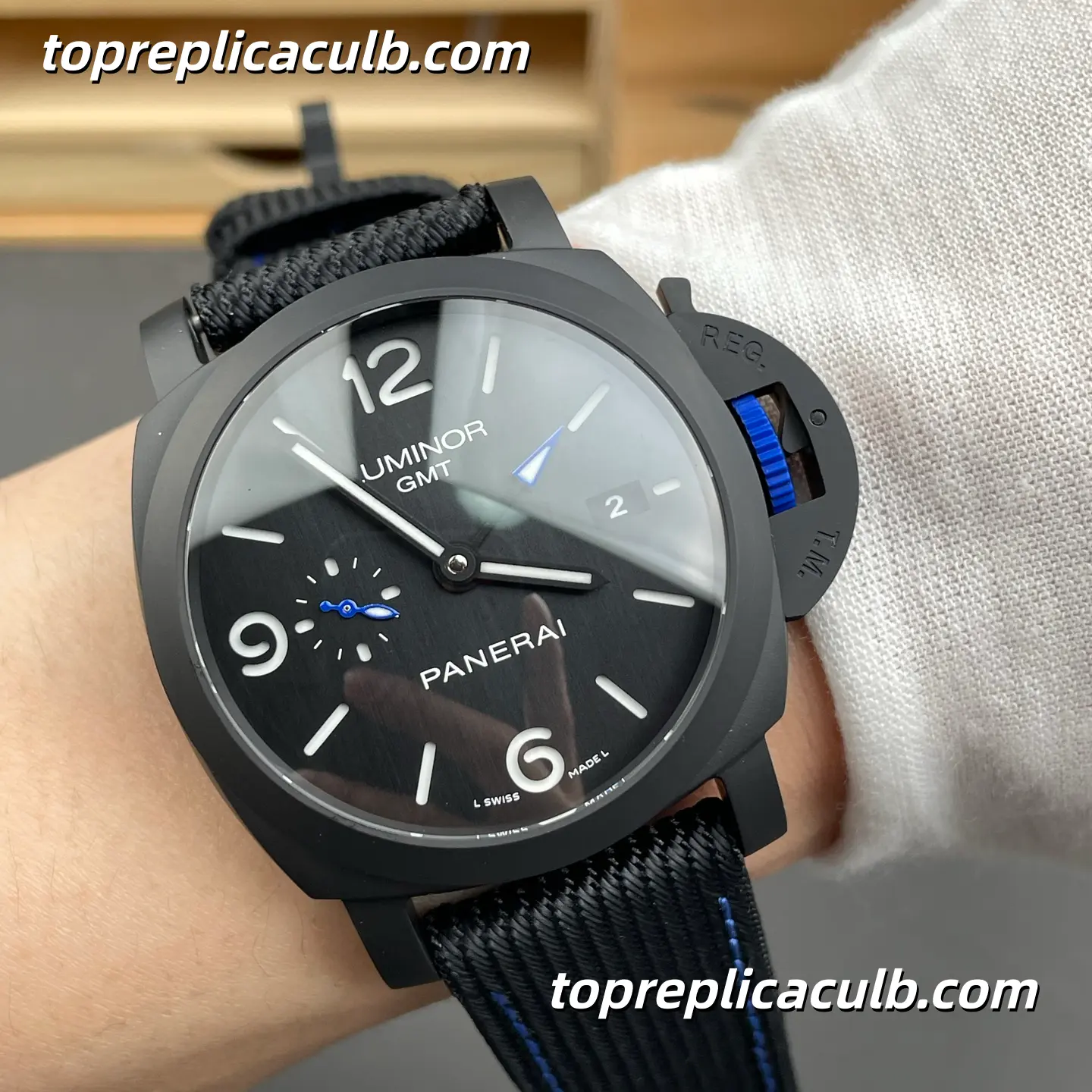 VS Factory Panerai Luminor GMT “Blue Phantom” PAM01176 44MM Matte Black Ceramic Style Case Black Sandwich Dial Blue GMT Hand Super Clone Watch With Cal.P.9010 Automatic GMT Movement - Image 2