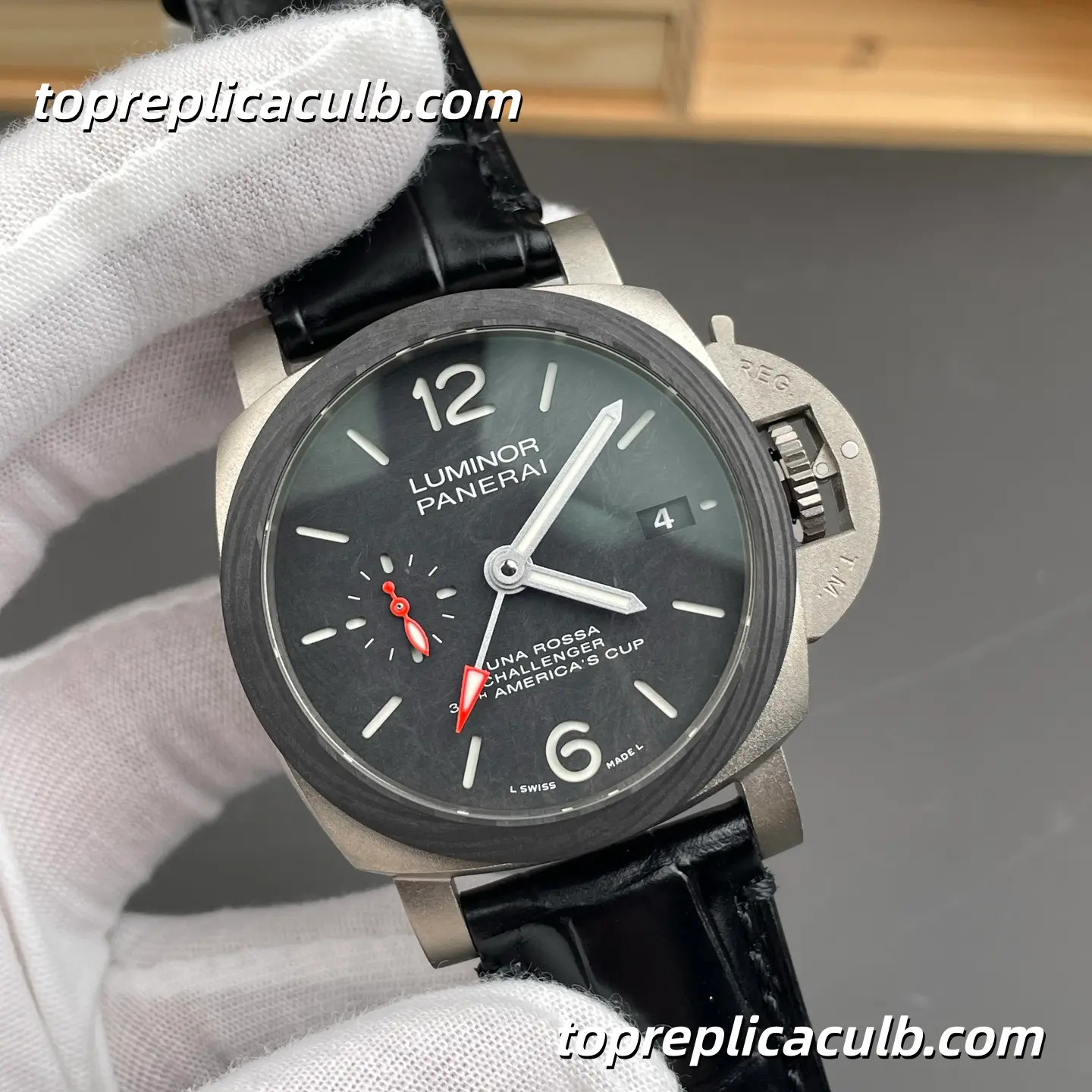 VS Factory Panerai Luminor Luna Rossa Challenger PAM01096 42MM Carbotech Case Black Sandwich Dial Black Leather Strap Super Clone Watch With Cal.P.9010/GMT Automatic Movement - Image 4