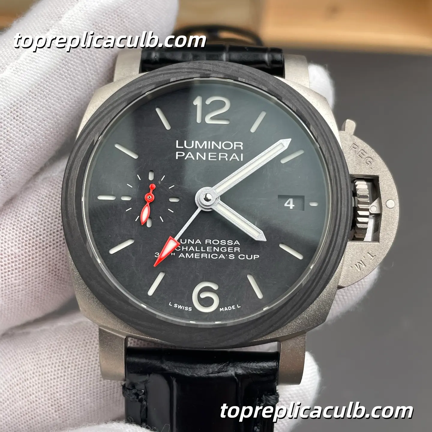 VS Factory Panerai Luminor Luna Rossa Challenger PAM01096 42MM Carbotech Case Black Sandwich Dial Black Leather Strap Super Clone Watch With Cal.P.9010/GMT Automatic Movement - Image 3