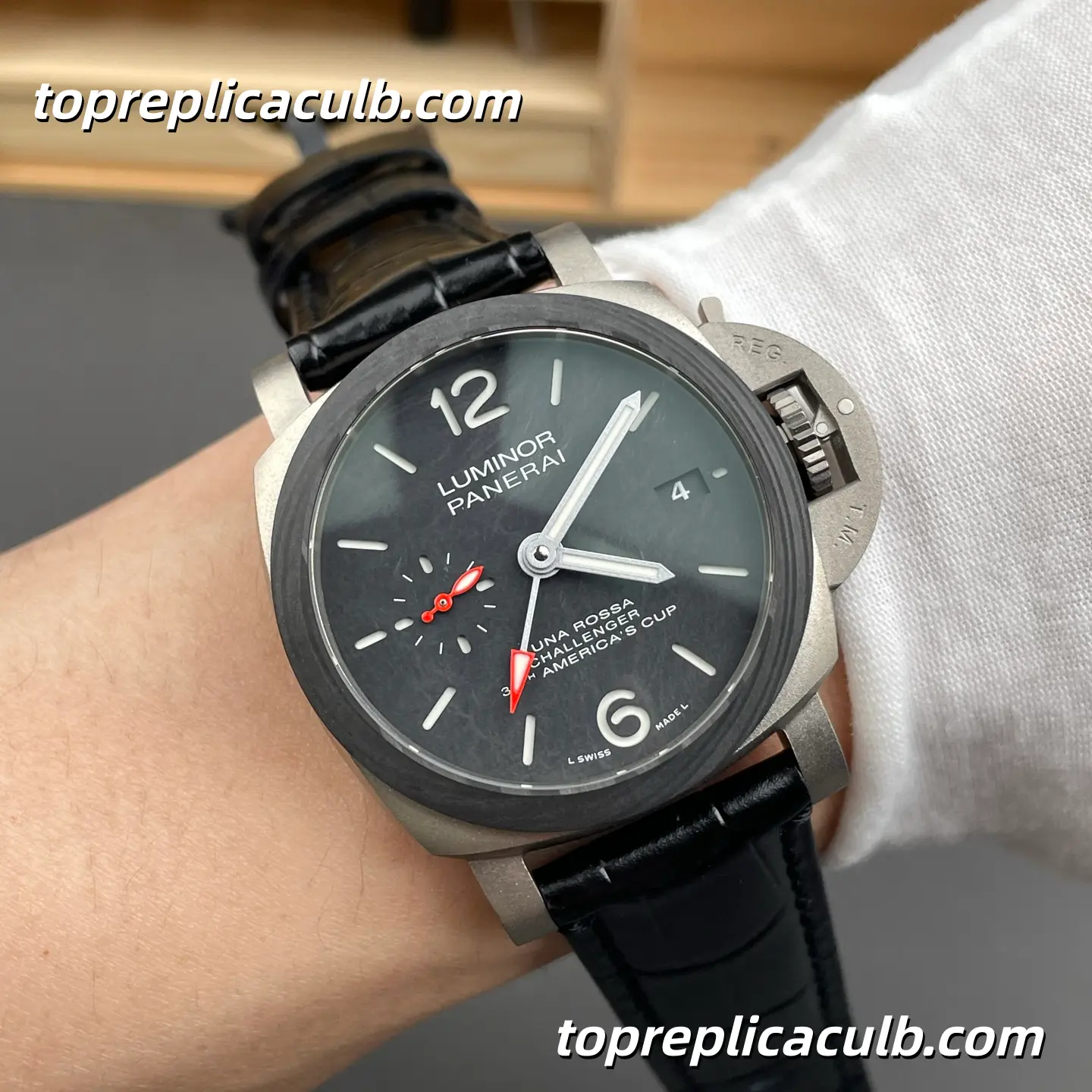 VS Factory Panerai Luminor Luna Rossa Challenger PAM01096 42MM Carbotech Case Black Sandwich Dial Black Leather Strap Super Clone Watch With Cal.P.9010/GMT Automatic Movement - Image 2