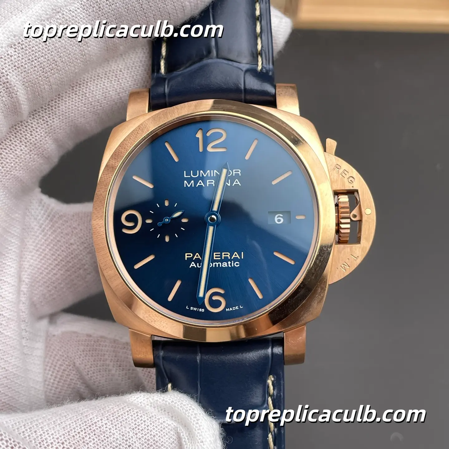 VS Factory Panerai Luminor Marina PAM01114 44MM Rose Gold Case Blue Sunburst Sandwich Dial Blue Alligator Leather Strap Super Clone Watch