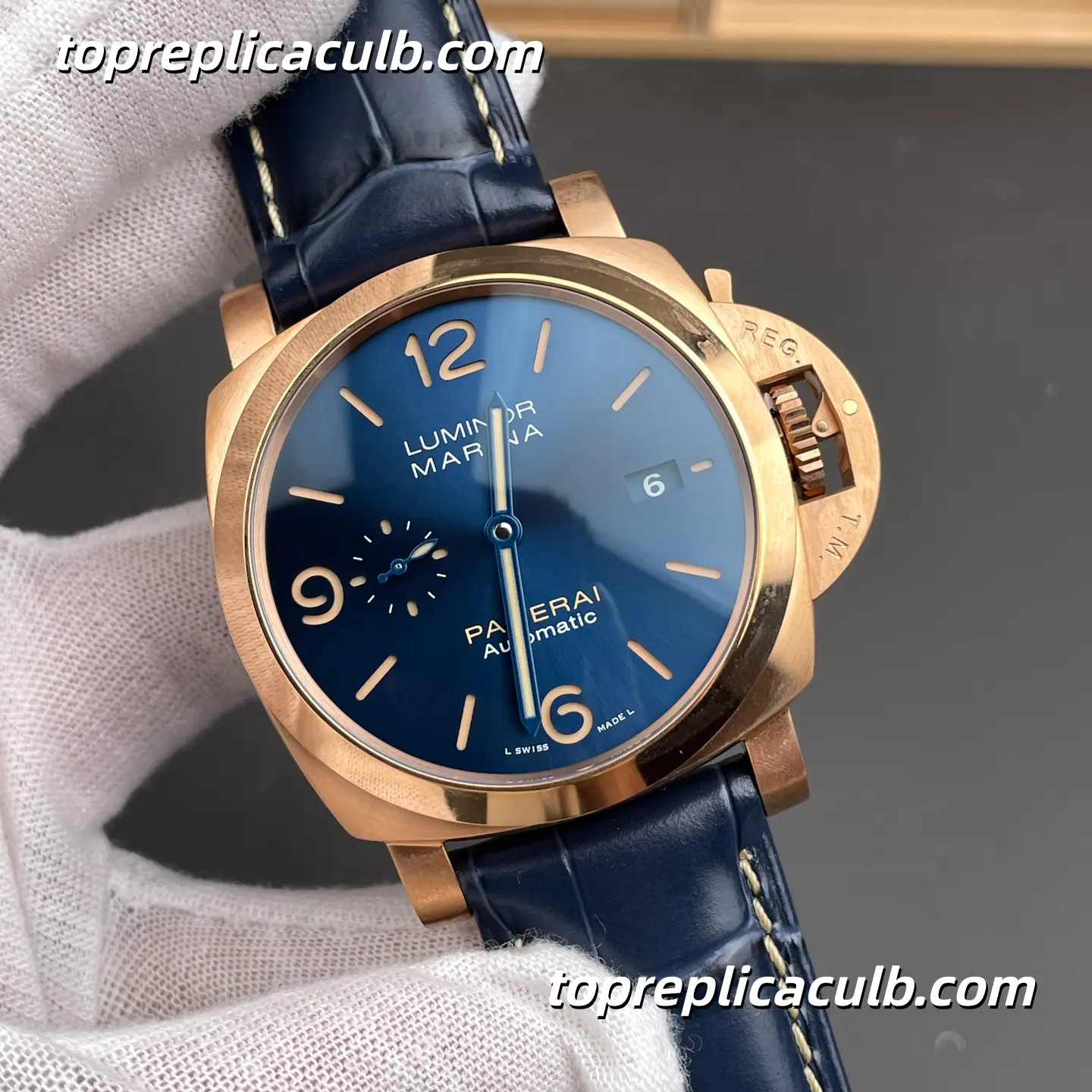 VS Factory Panerai Luminor Marina PAM01114 44MM Rose Gold Case Blue Sunburst Sandwich Dial Blue Alligator Leather Strap Super Clone Watch With Cal.P.9010 Automatic Movement - Image 4