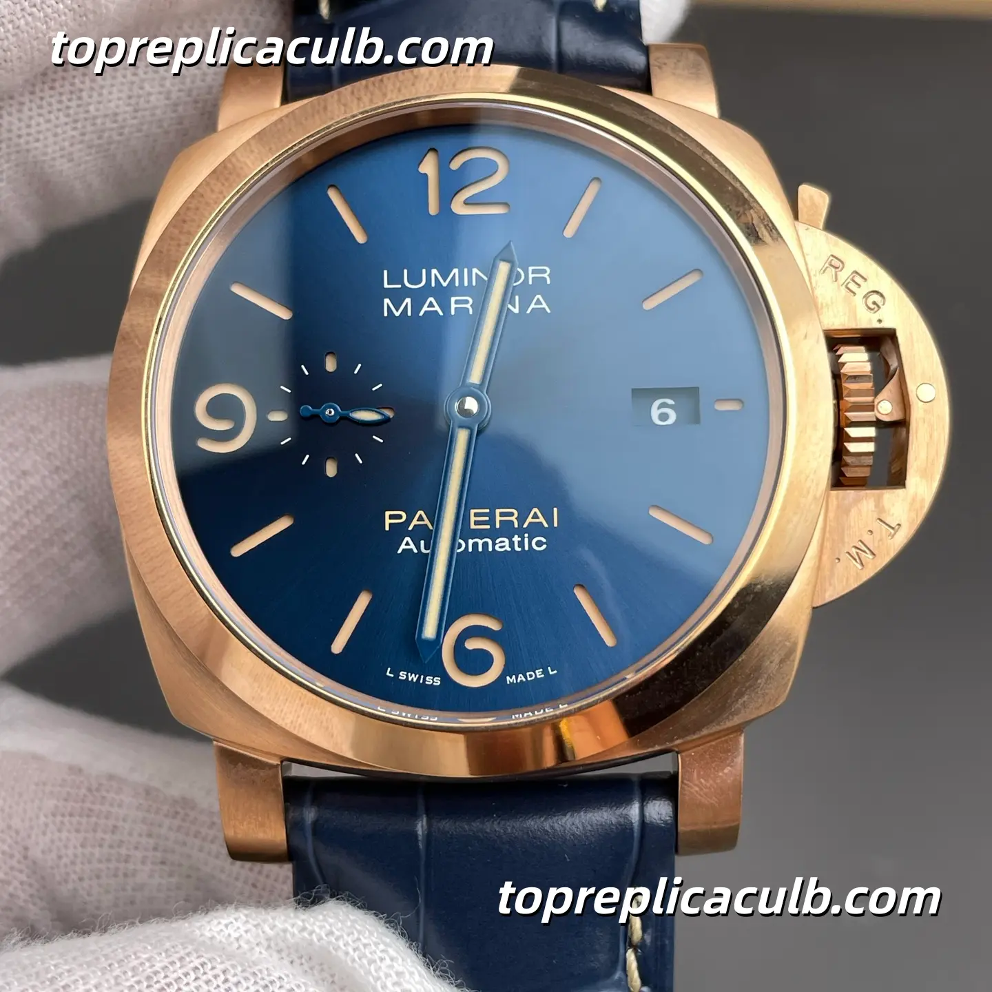VS Factory Panerai Luminor Marina PAM01114 44MM Rose Gold Case Blue Sunburst Sandwich Dial Blue Alligator Leather Strap Super Clone Watch With Cal.P.9010 Automatic Movement - Image 3