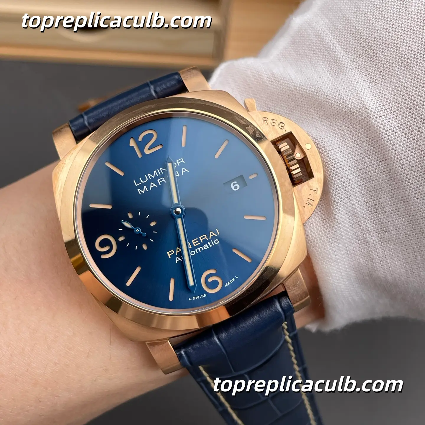 VS Factory Panerai Luminor Marina PAM01114 44MM Rose Gold Case Blue Sunburst Sandwich Dial Blue Alligator Leather Strap Super Clone Watch With Cal.P.9010 Automatic Movement - Image 2