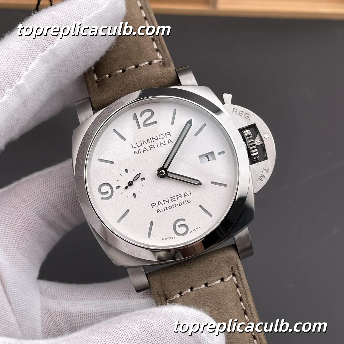 VS Factory Panerai Luminor Marina PAM01314 44MM Stainless Steel Case White Dial Grey Suede Leather Strap Super Clone Watch With Cal.P.9010 Automatic Movement - Image 4