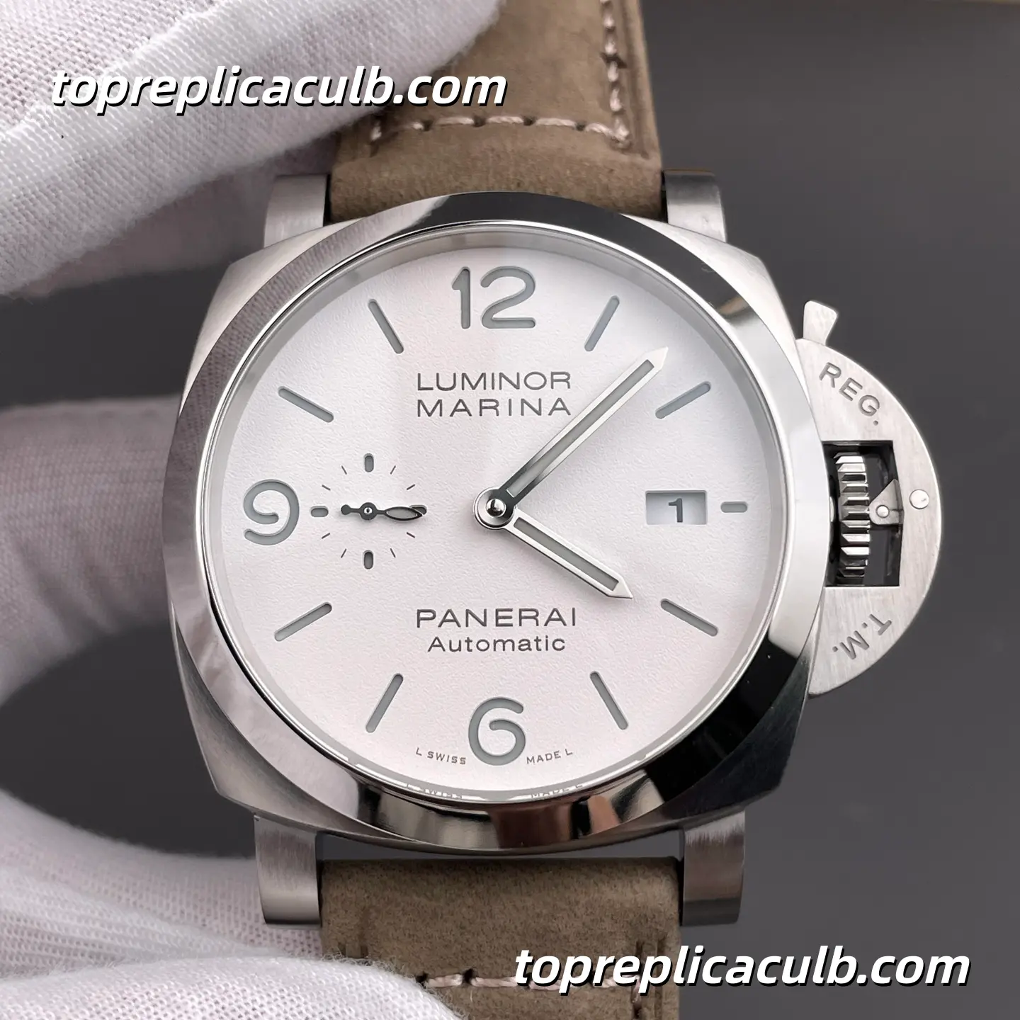 VS Factory Panerai Luminor Marina PAM01314 44MM Stainless Steel Case White Dial Grey Suede Leather Strap Super Clone Watch With Cal.P.9010 Automatic Movement - Image 3