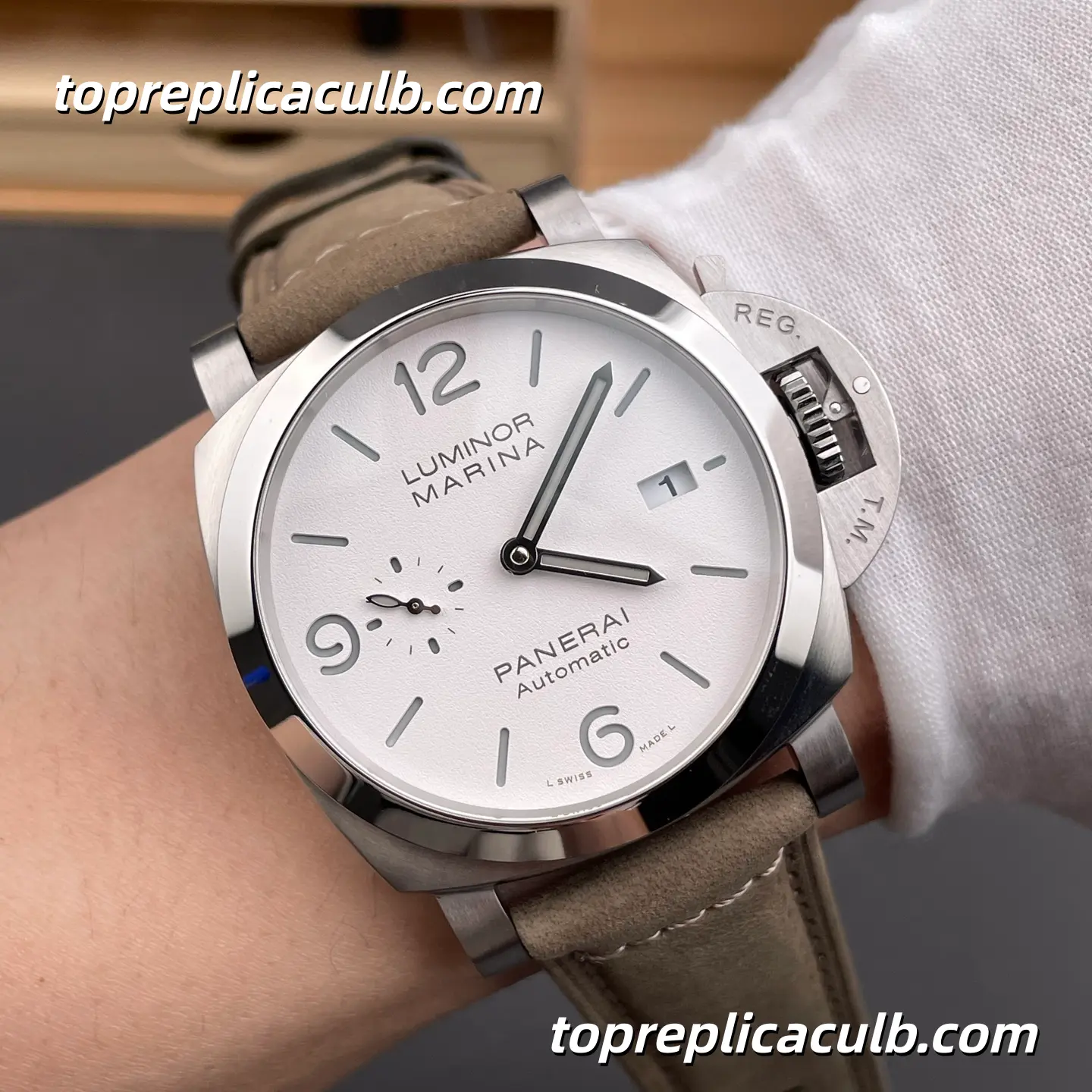 VS Factory Panerai Luminor Marina PAM01314 44MM Stainless Steel Case White Dial Grey Suede Leather Strap Super Clone Watch With Cal.P.9010 Automatic Movement - Image 2