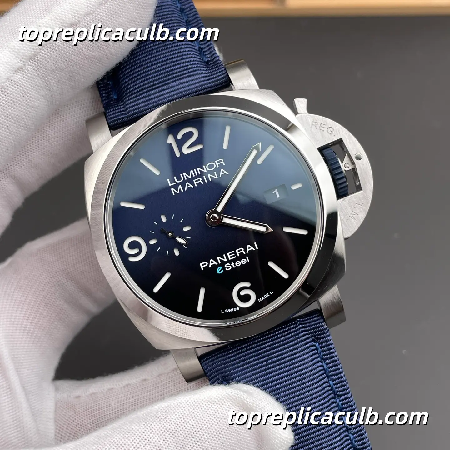 VS Factory Panerai Luminor Marina eSteel PAM01157 44MM Stainless Steel Case Blue Gradient Dial Blue Fabric Strap Super Clone Watch With Cal.P.9010 Automatic Movement - Image 4