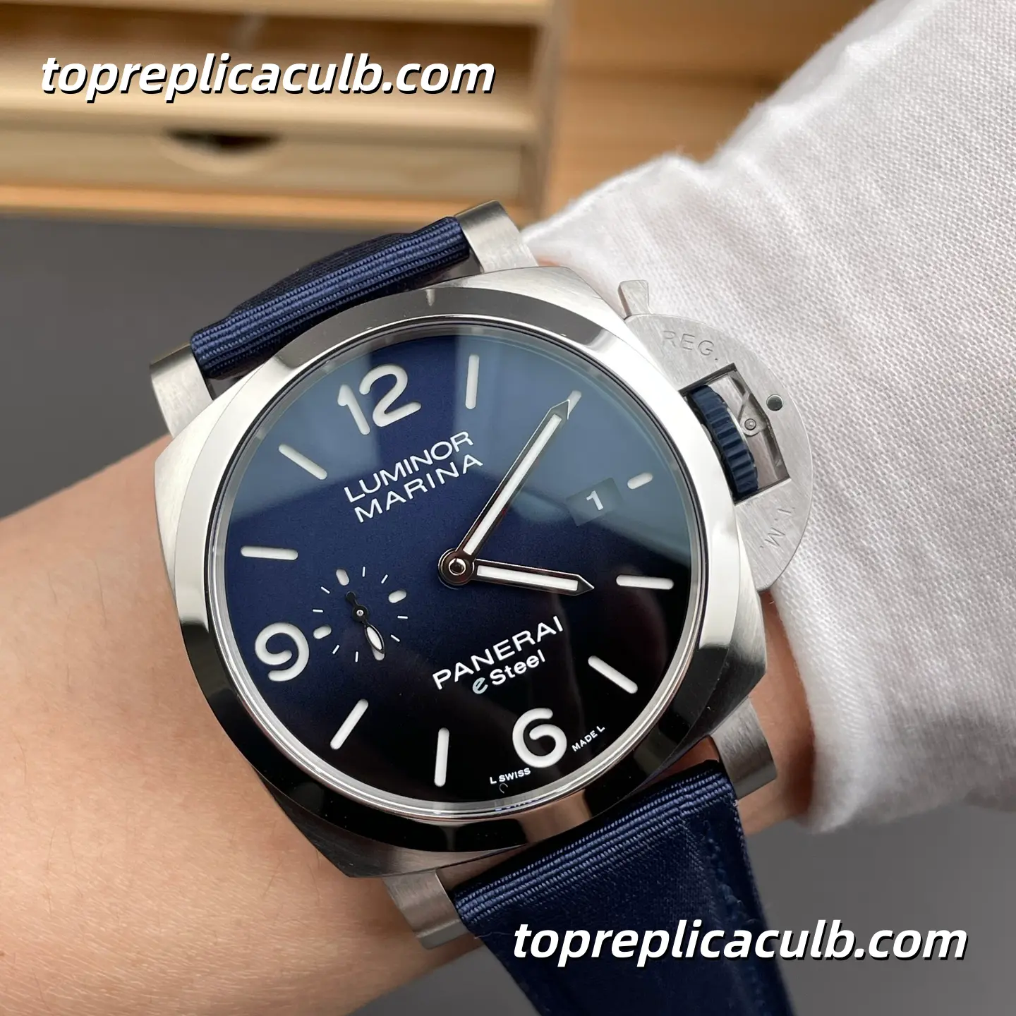 VS Factory Panerai Luminor Marina eSteel PAM01157 44MM Stainless Steel Case Blue Gradient Dial Blue Fabric Strap Super Clone Watch With Cal.P.9010 Automatic Movement - Image 2