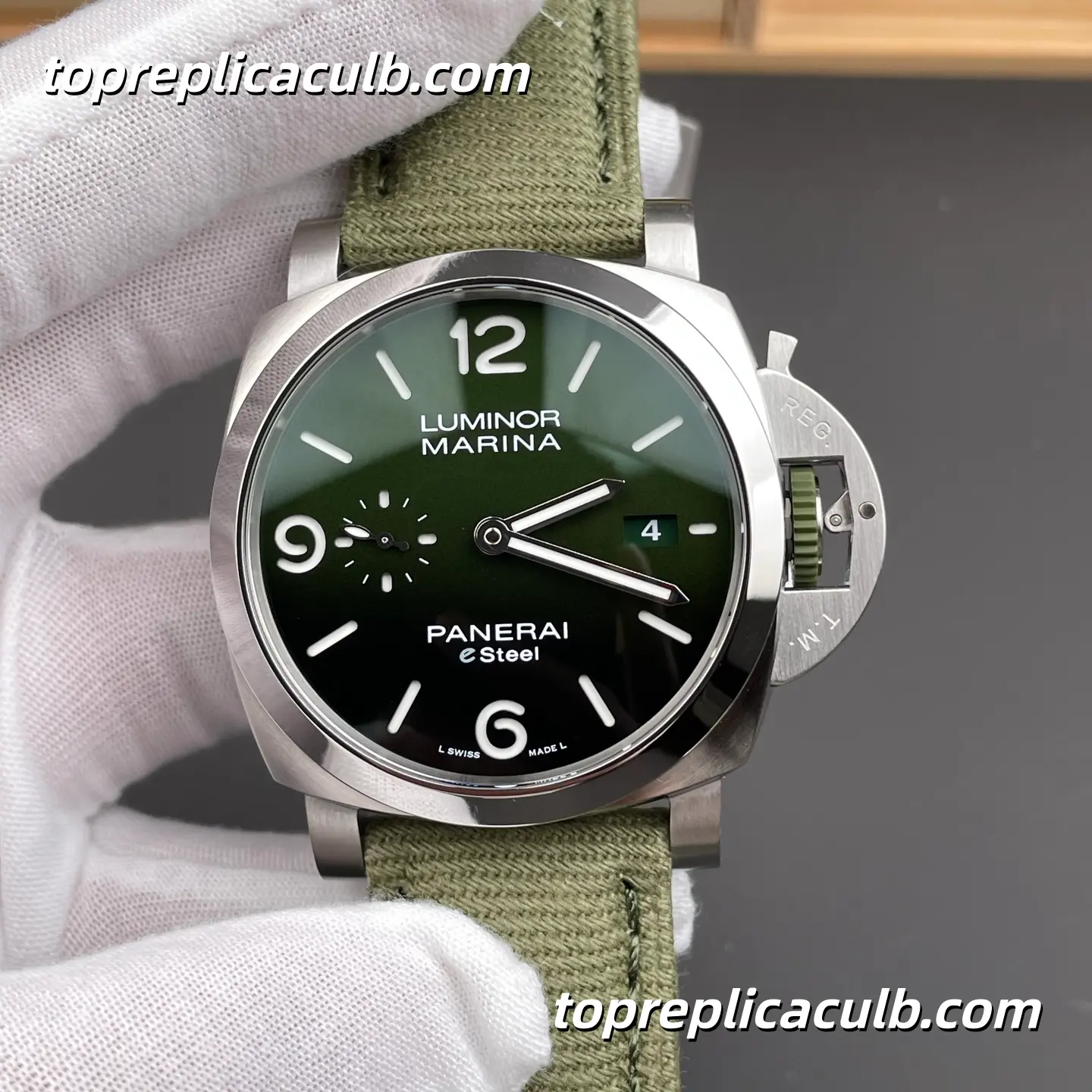 VS Factory Panerai Luminor Marina eSteel PAM01356 44MM Stainless Steel Case Green Gradient Sandwich Dial Green Fabric Strap Super Clone Watch