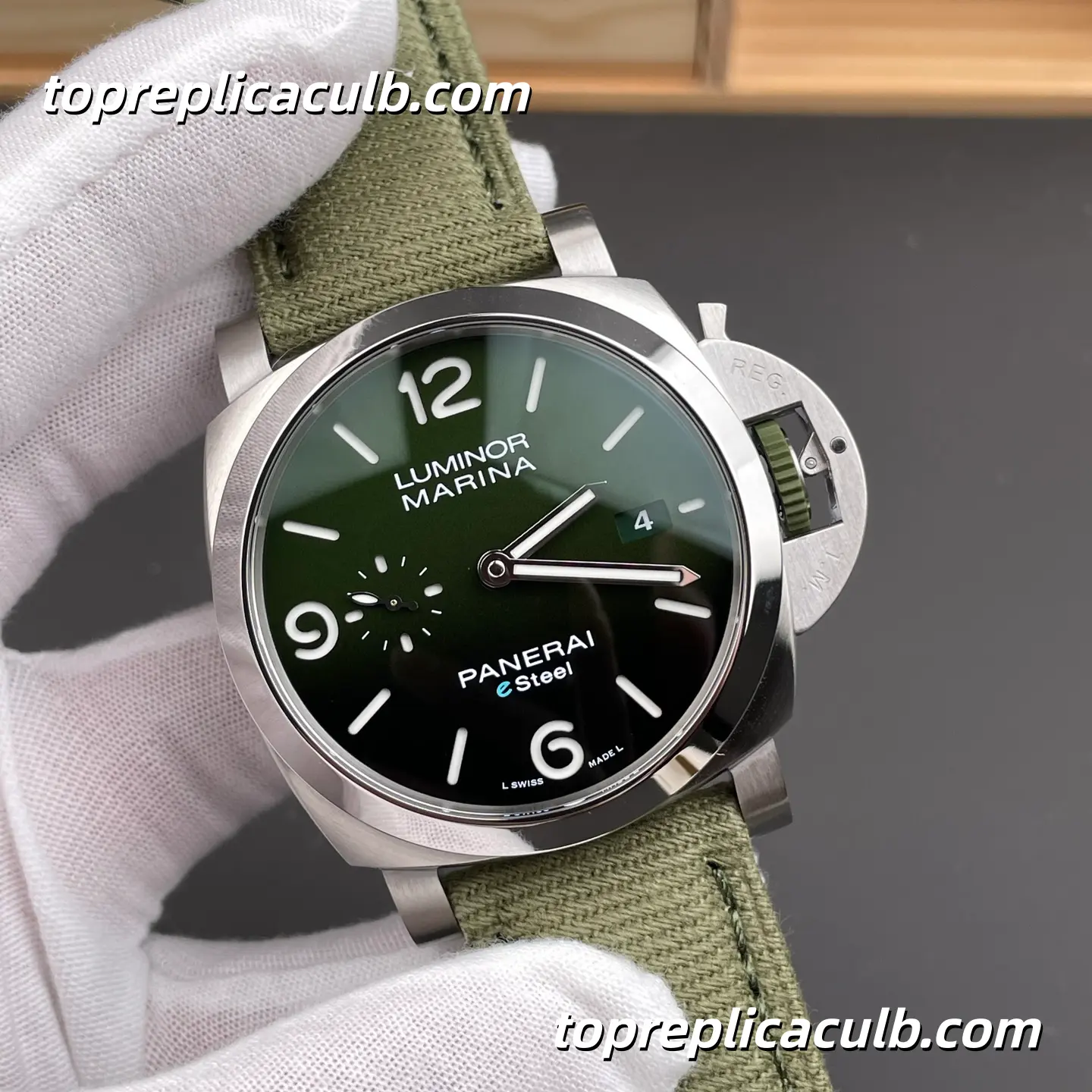 VS Factory Panerai Luminor Marina eSteel PAM01356 44MM Stainless Steel Case Green Gradient Sandwich Dial Green Fabric Strap Super Clone Watch With Cal.P.9010 Automatic Movement - Image 4