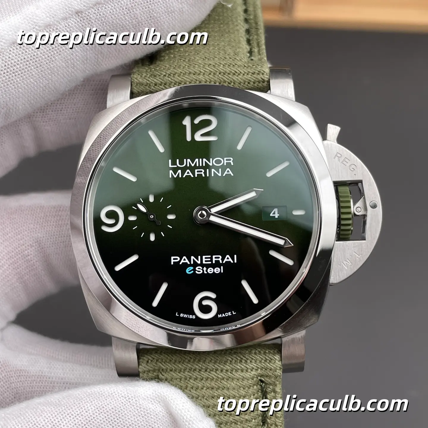 VS Factory Panerai Luminor Marina eSteel PAM01356 44MM Stainless Steel Case Green Gradient Sandwich Dial Green Fabric Strap Super Clone Watch With Cal.P.9010 Automatic Movement - Image 3