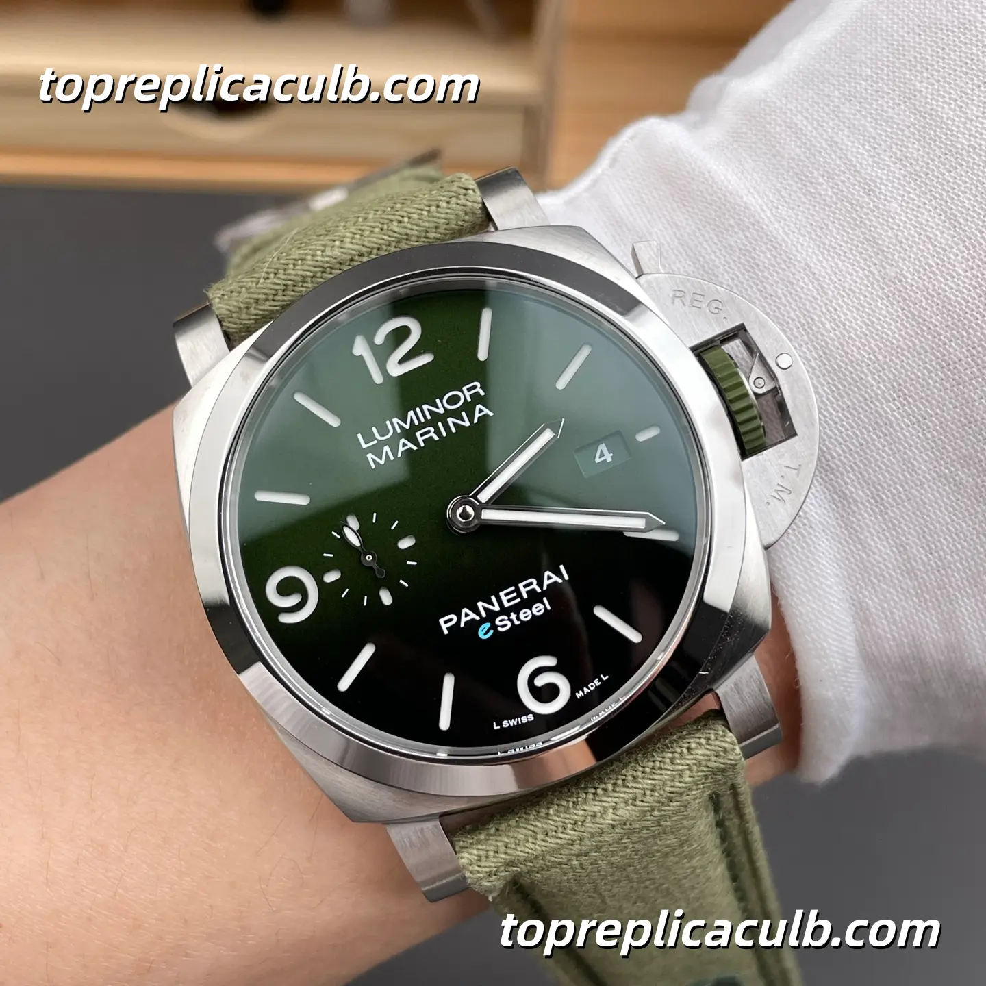 VS Factory Panerai Luminor Marina eSteel PAM01356 44MM Stainless Steel Case Green Gradient Sandwich Dial Green Fabric Strap Super Clone Watch With Cal.P.9010 Automatic Movement - Image 2