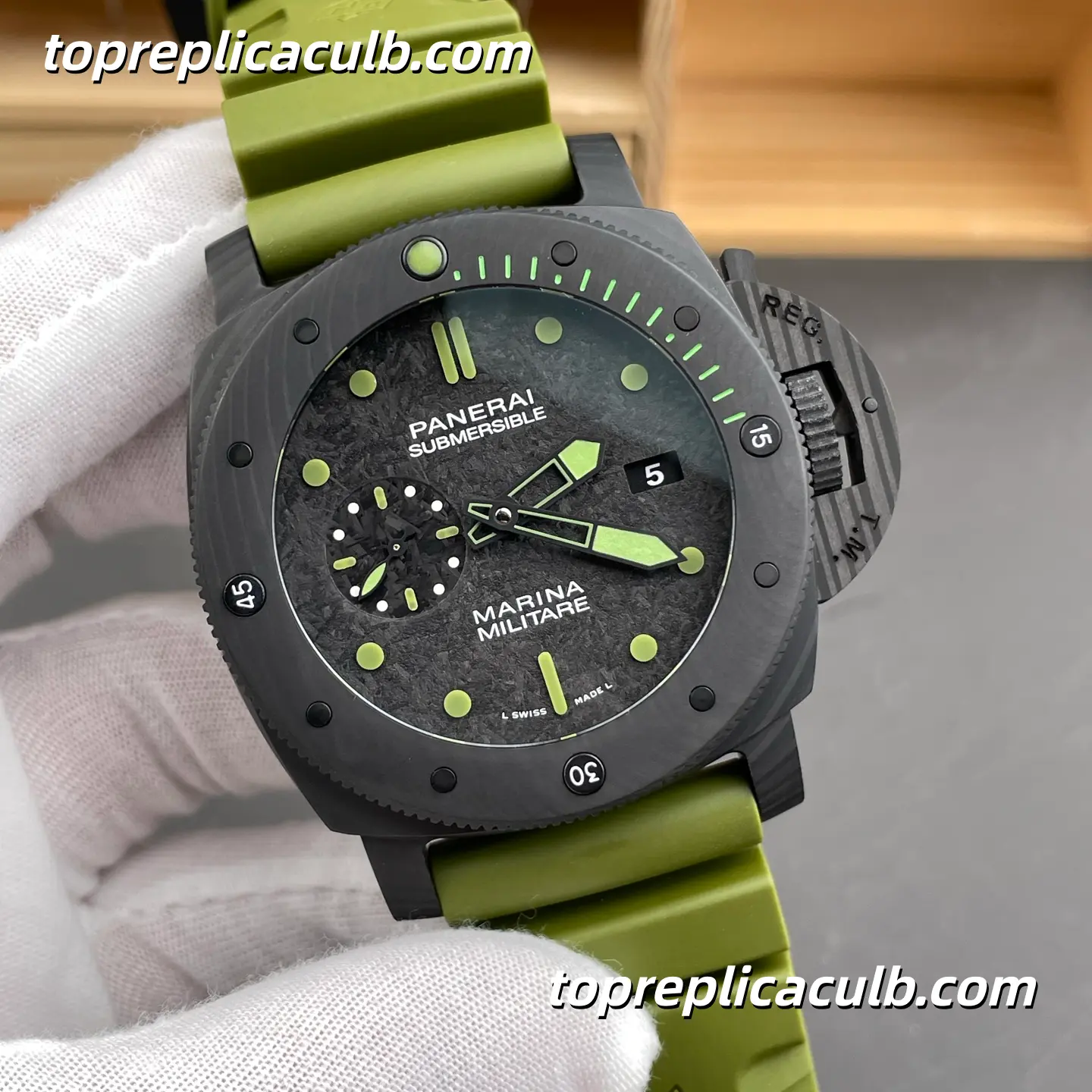VS Factory Panerai Submersible Marina Militare “Green Beast” PAM00961 47MM Carbotech Style Case Forged Carbon Dial Army Super Clone Watch With Cal.P.9010 Automatic Movement - Image 4