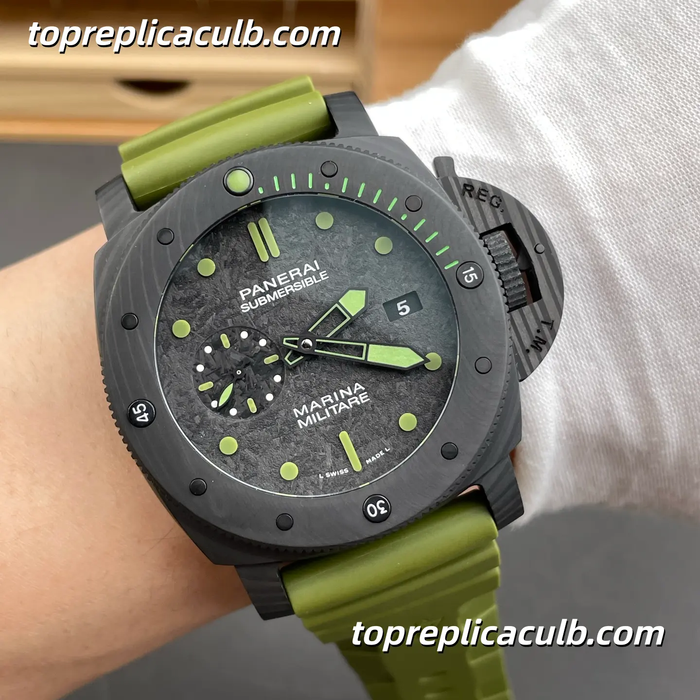 VS Factory Panerai Submersible Marina Militare “Green Beast” PAM00961 47MM Carbotech Style Case Forged Carbon Dial Army Super Clone Watch With Cal.P.9010 Automatic Movement - Image 2