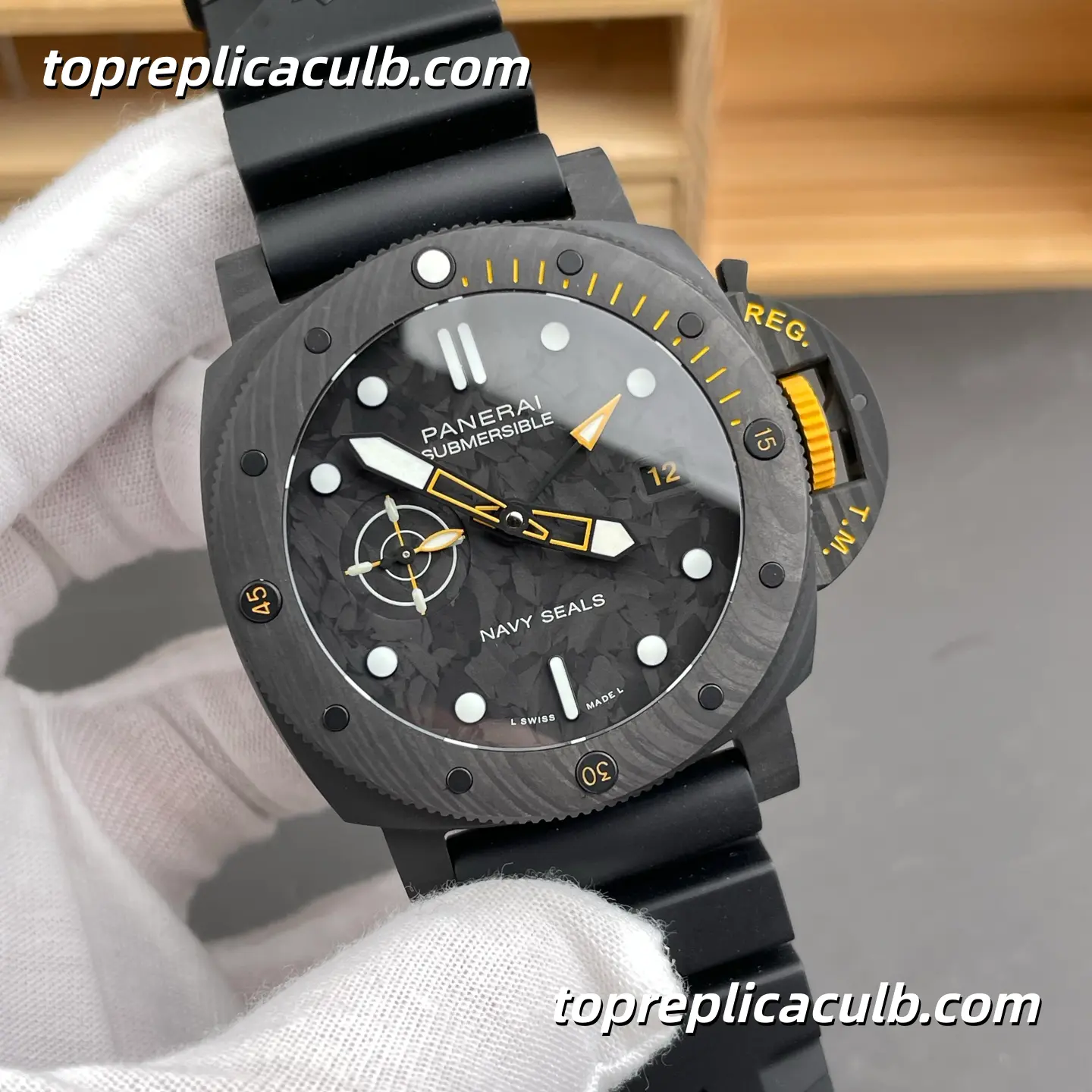 VS Factory Panerai Submersible Navy SEALs “Carbon Warrior” PAM01324 44MM Forged Carbon Style Case Black Camo Dial Yellow Accents Super Clone Watch With Cal.P.9000 Automatic Movement - Image 4