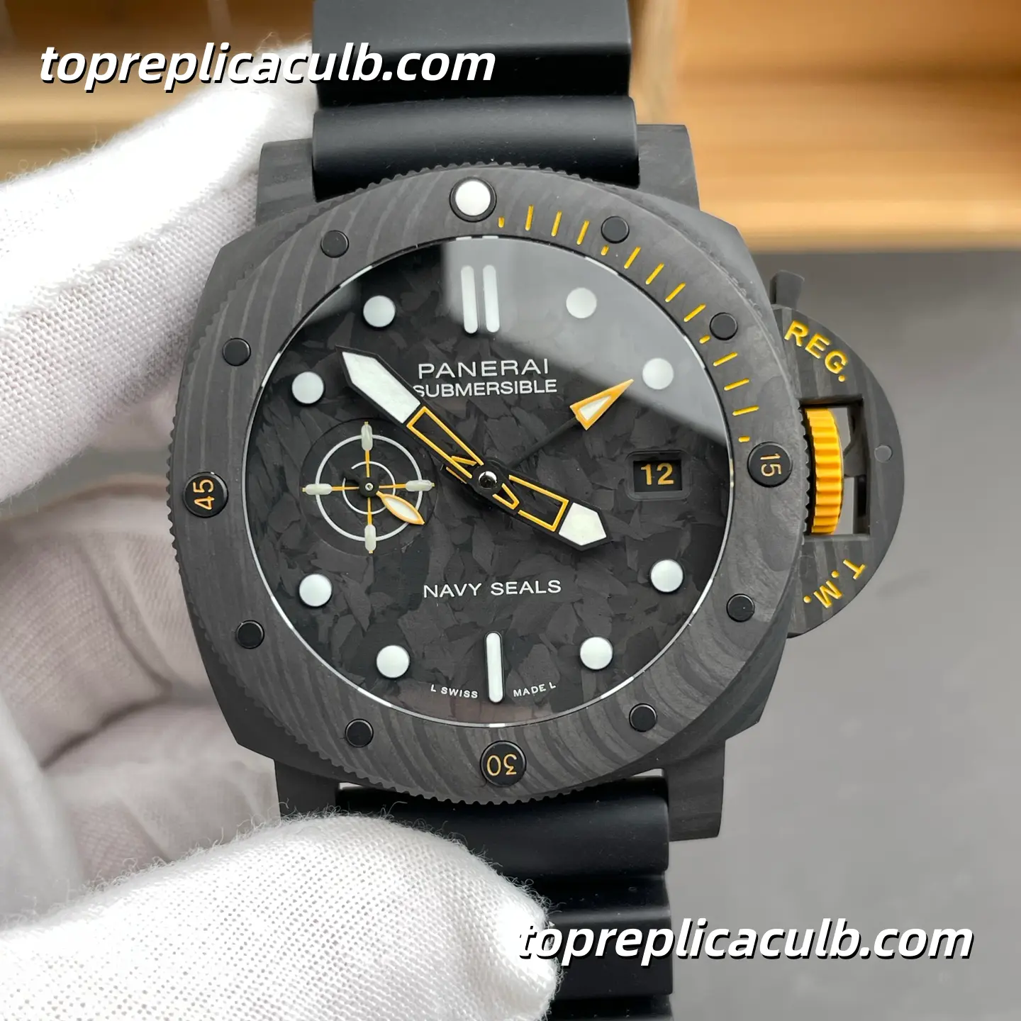 VS Factory Panerai Submersible Navy SEALs “Carbon Warrior” PAM01324 44MM Forged Carbon Style Case Black Camo Dial Yellow Accents Super Clone Watch With Cal.P.9000 Automatic Movement - Image 3